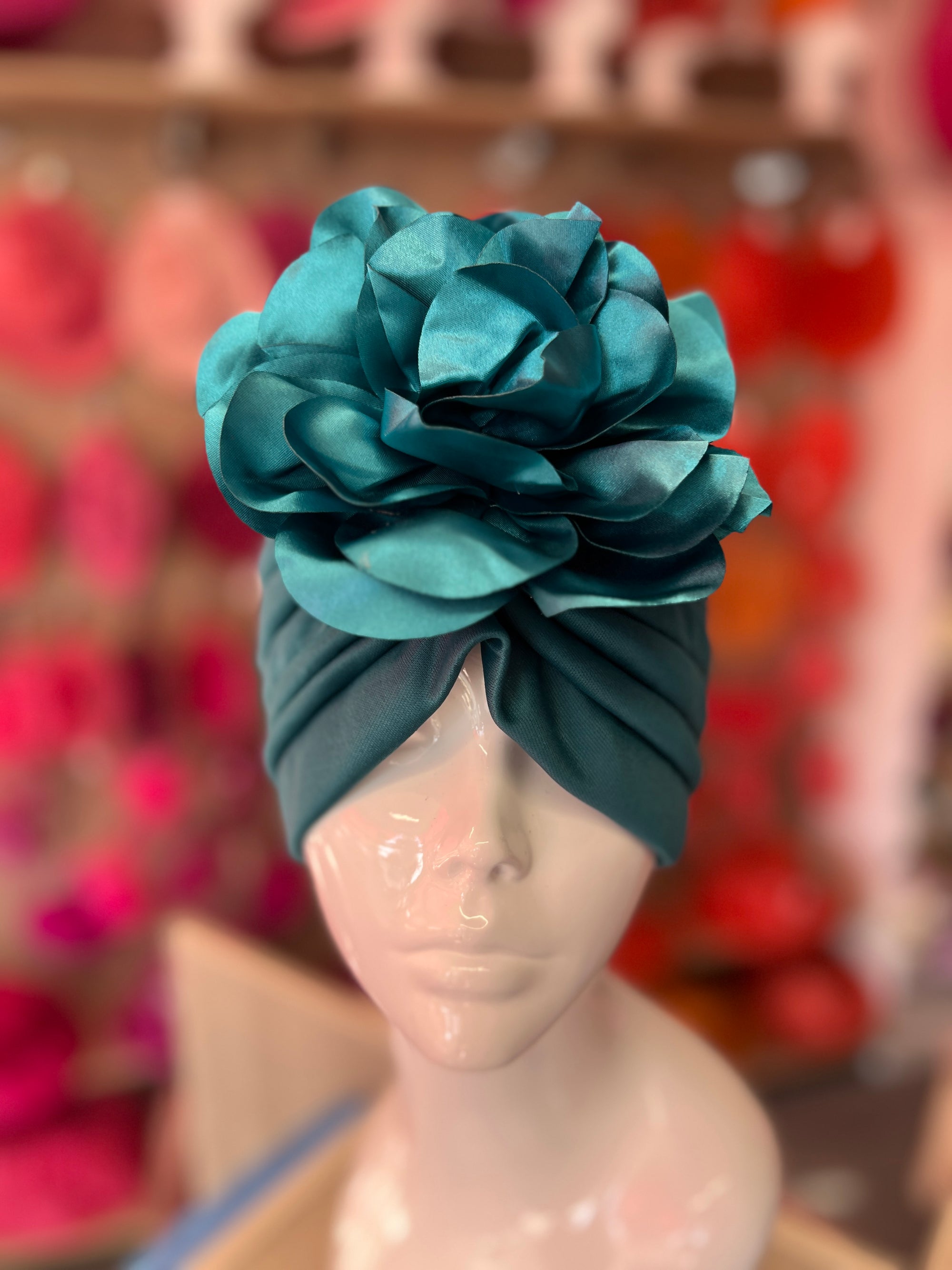 Teal Turban With Large Satin Flower