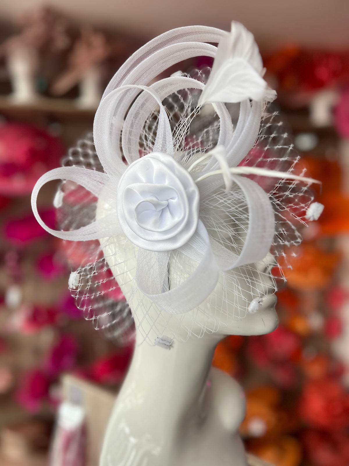 White Flower Fascinator With Netting &amp; Feathers