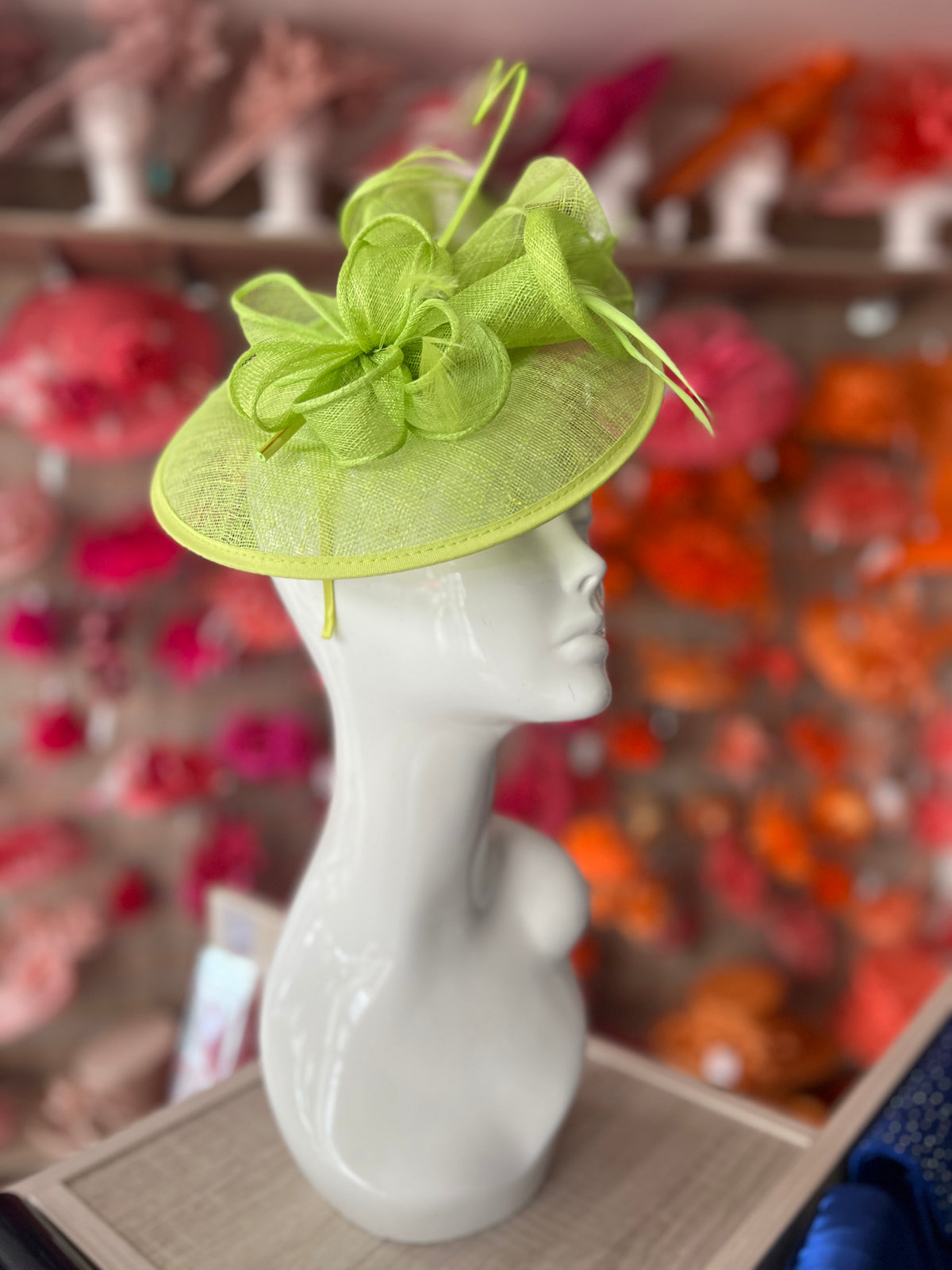 Liime Sinamay Petunia Flower Fascinator With A Saucer Base