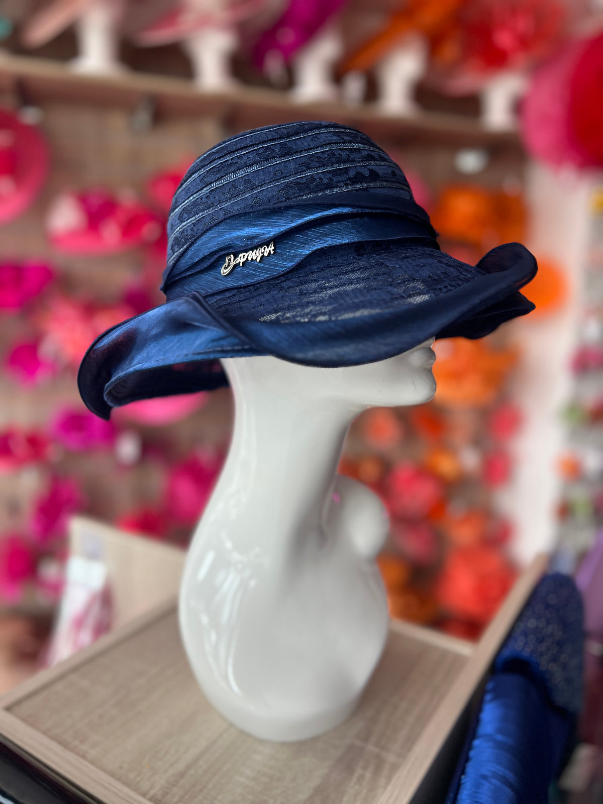 Navy Blue Crinoline Hat With Chiffon Bow / Lace &amp; Pearl Detail