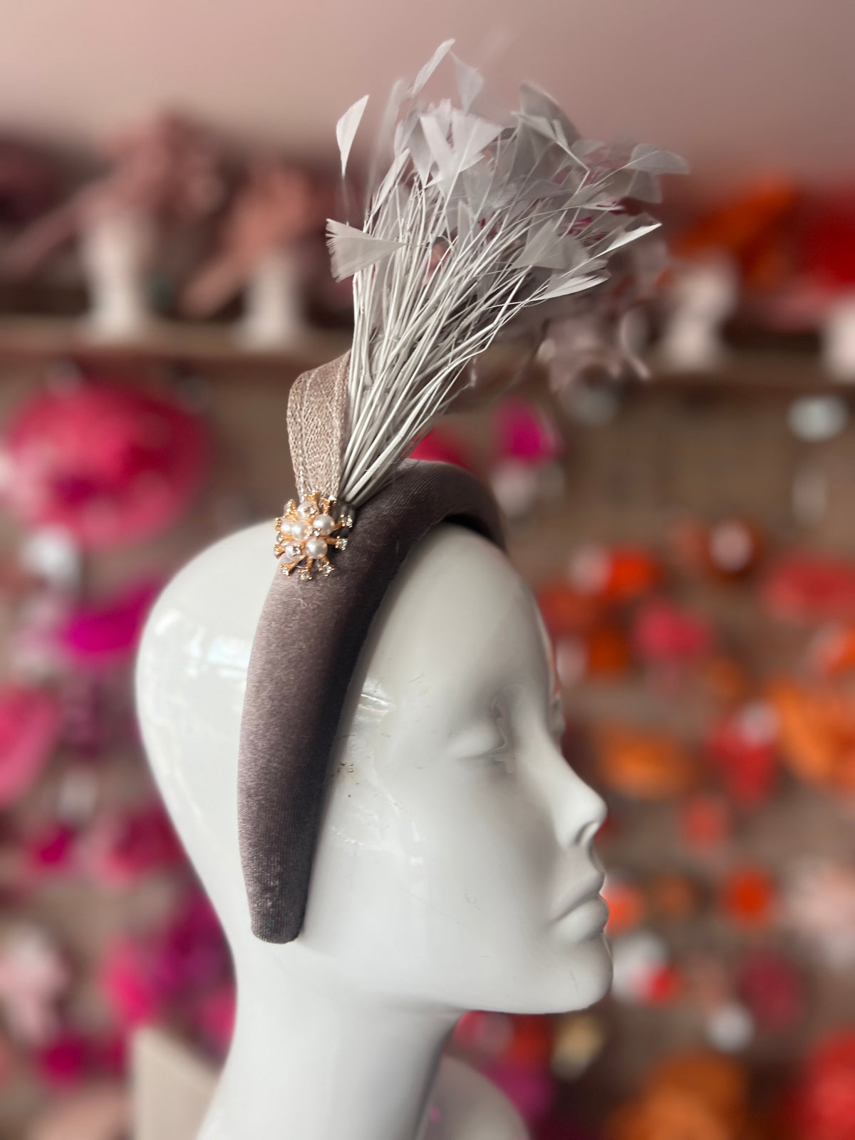 Grey Feather Velvet Padded Headband Fascinator With Diamante &amp; Pearl Cluster
