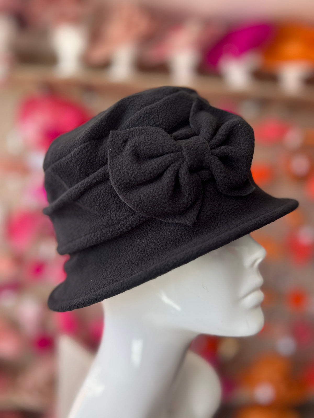 Black Winter Cloche Beanie Hat With Bow Detail