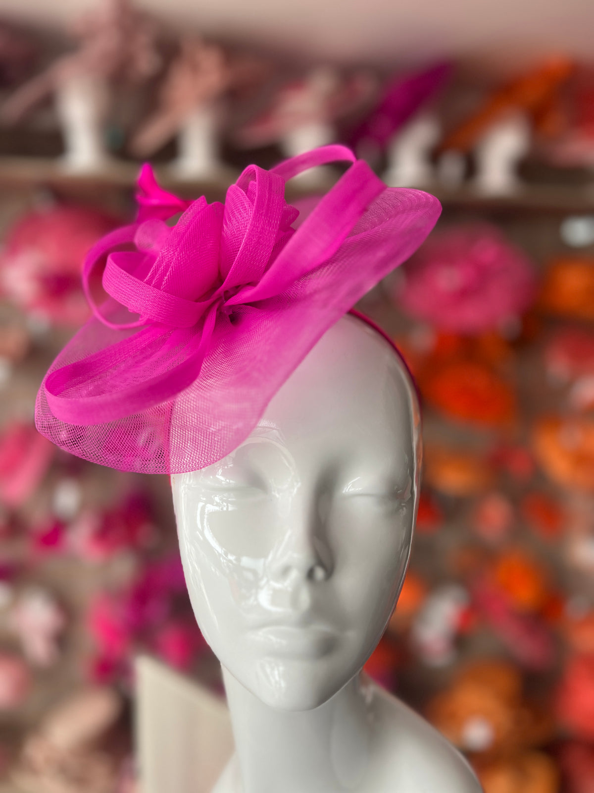 Fuchsia Pink Crinoline Saucer Fascinator With Loops &amp; Feathers