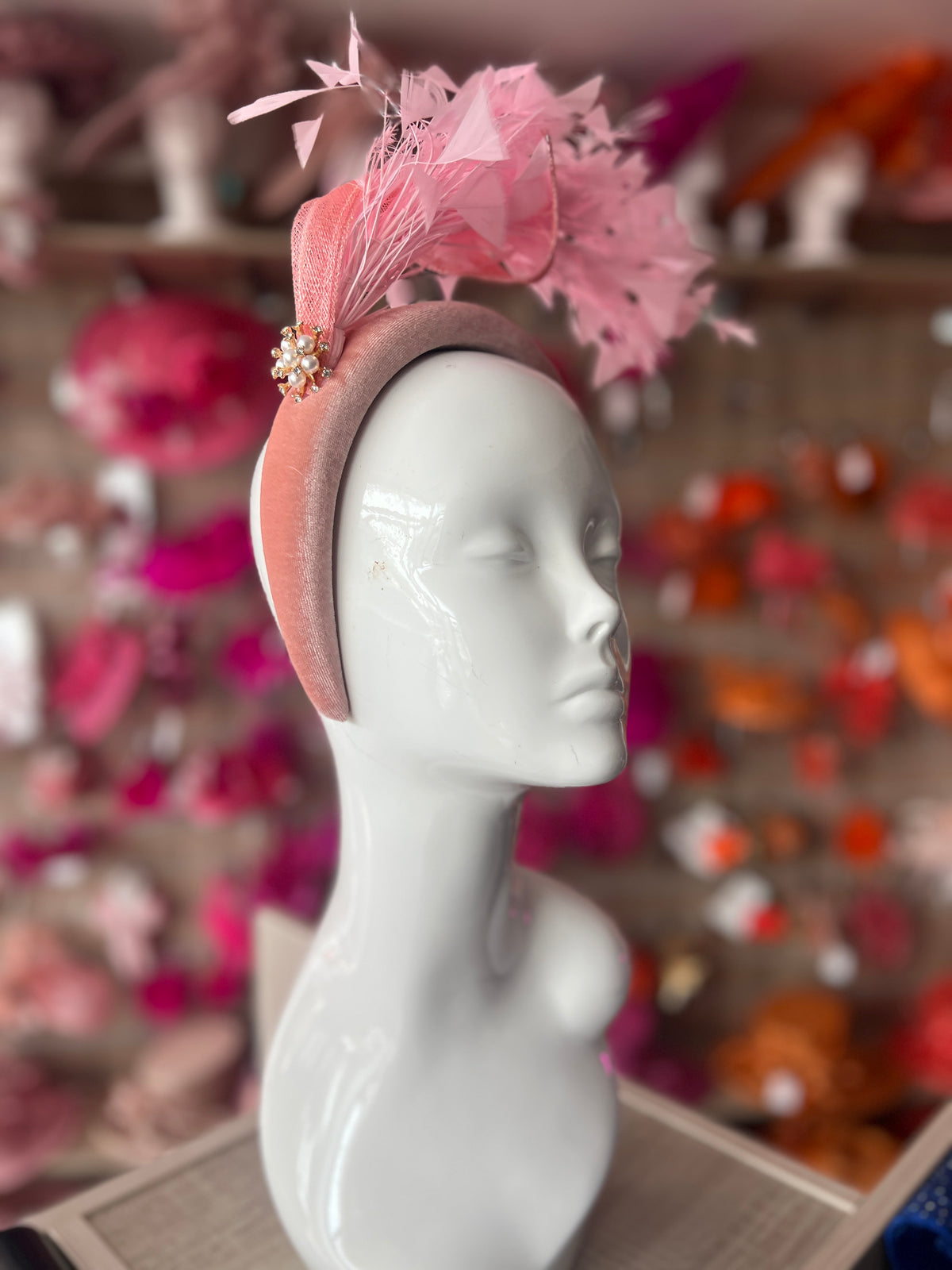 Pink Feather Velvet Padded Headband Fascinator With Diamante &amp; Pearl Cluster