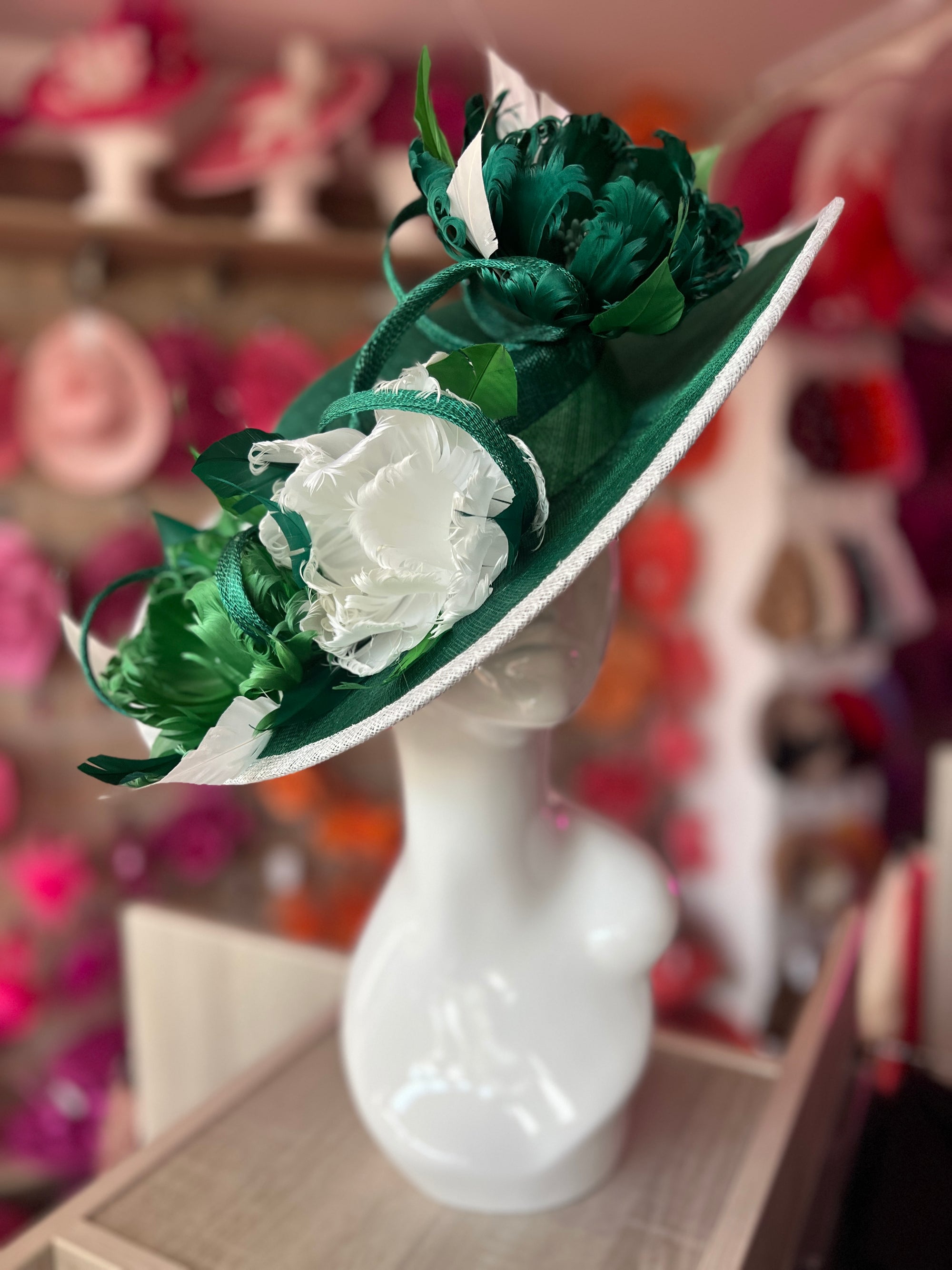 Emerald/White/Fern Boater Style Hat With Goblet Feather Flowers