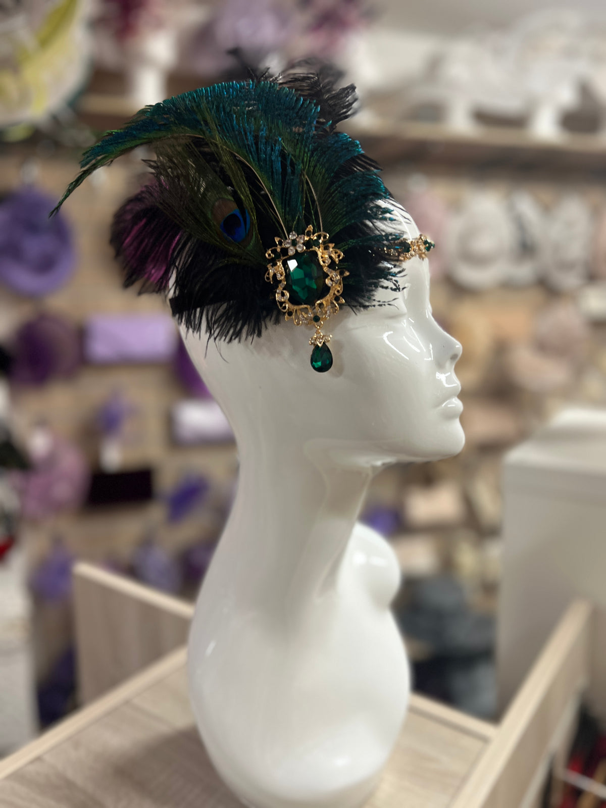 Vintage Jewelled Peacock Feather Fascinator Hat-Green