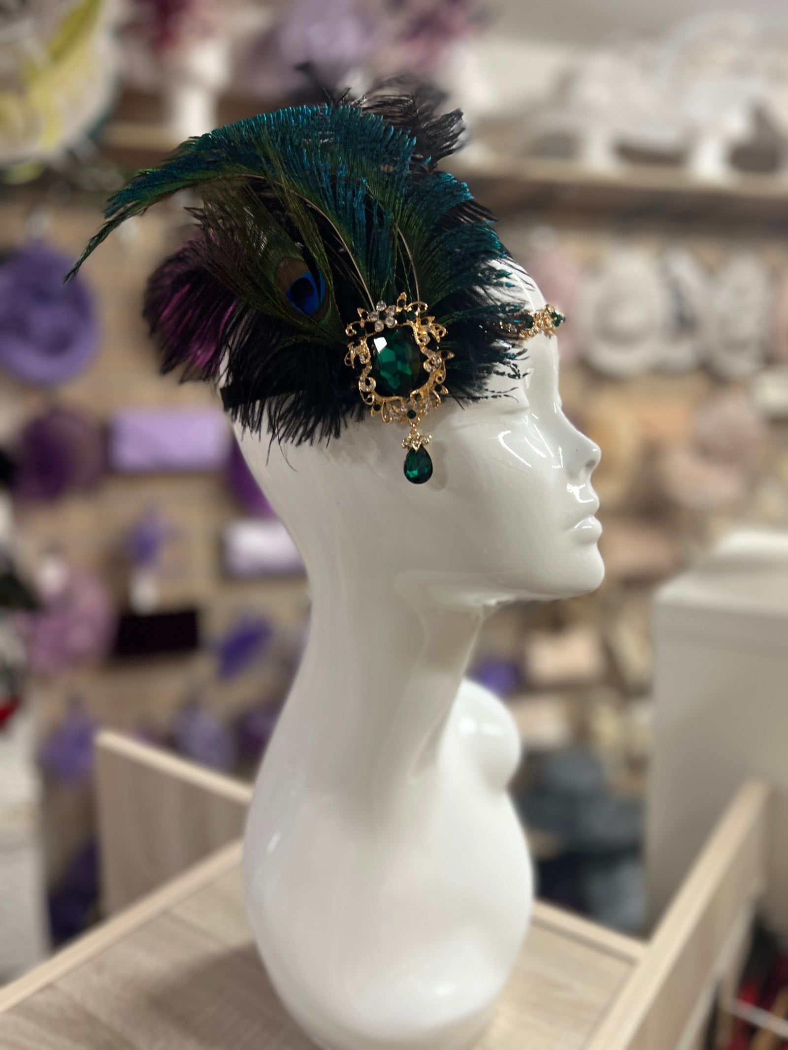 Vintage Jewelled Peacock Feather Fascinator Hat-Green