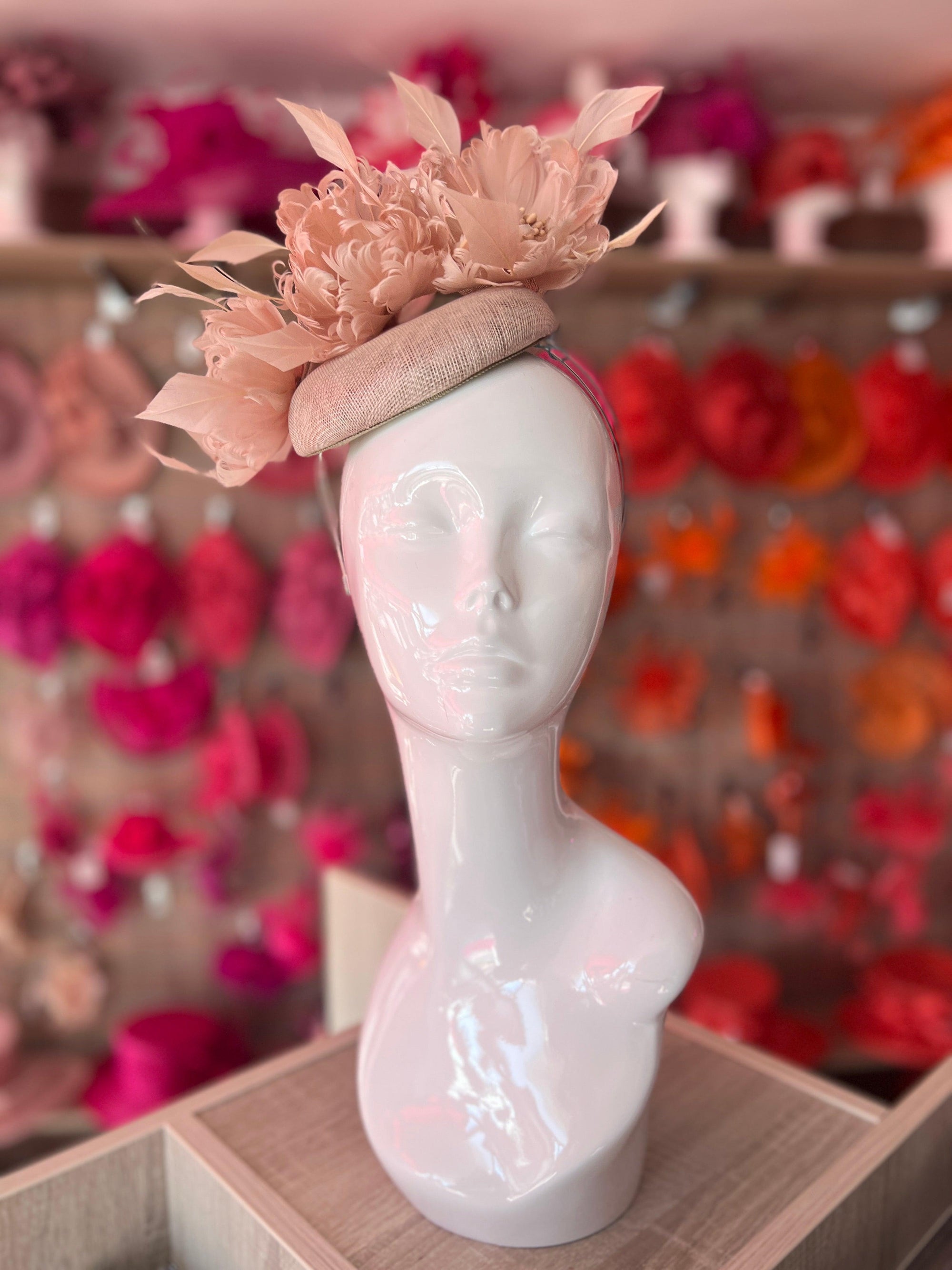 Pillbox Hat With Goblet Feather Flowers- Champagne