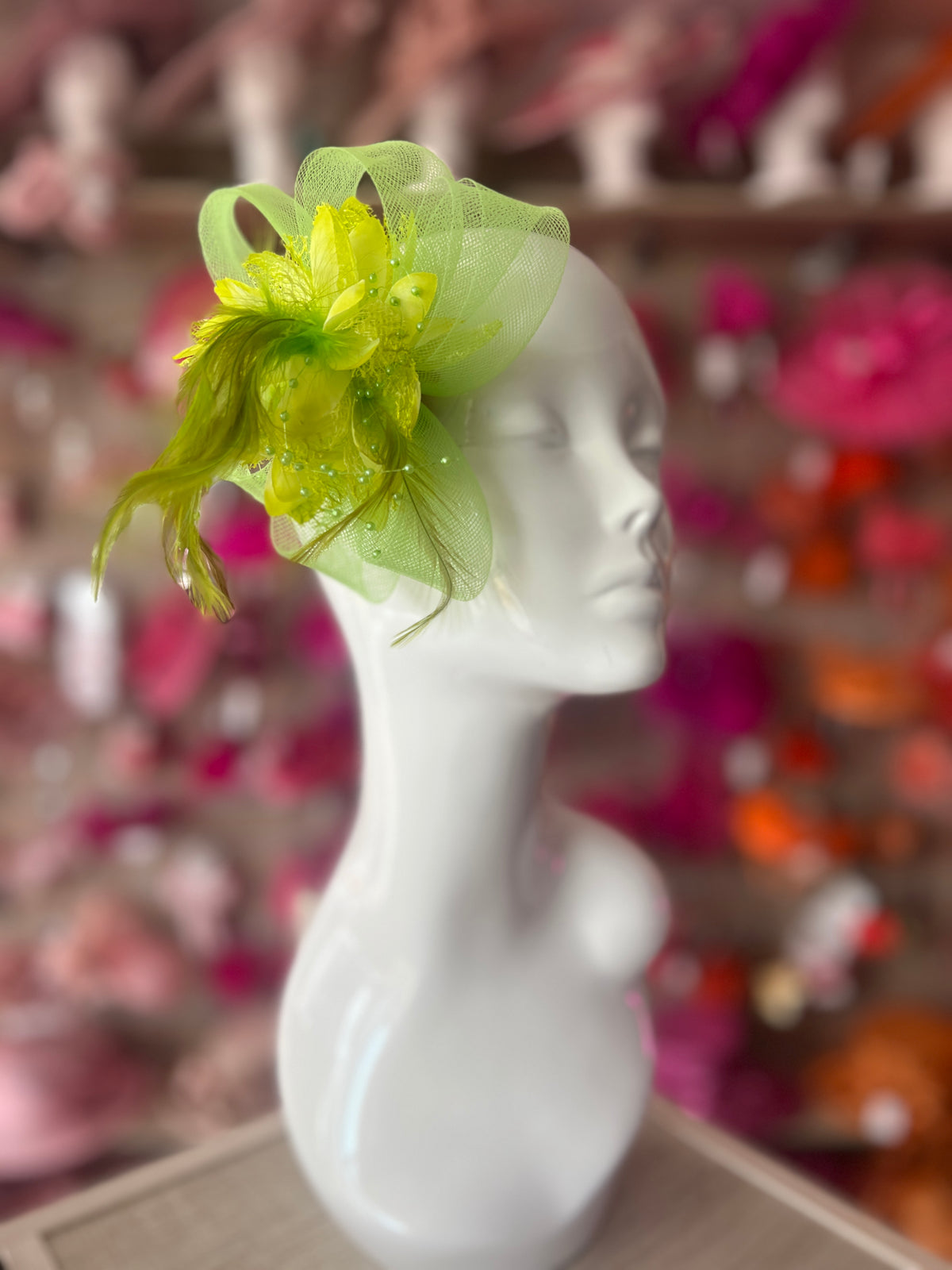 Clip In Citrus Green Hair Fascinator with Flower &amp; Loops