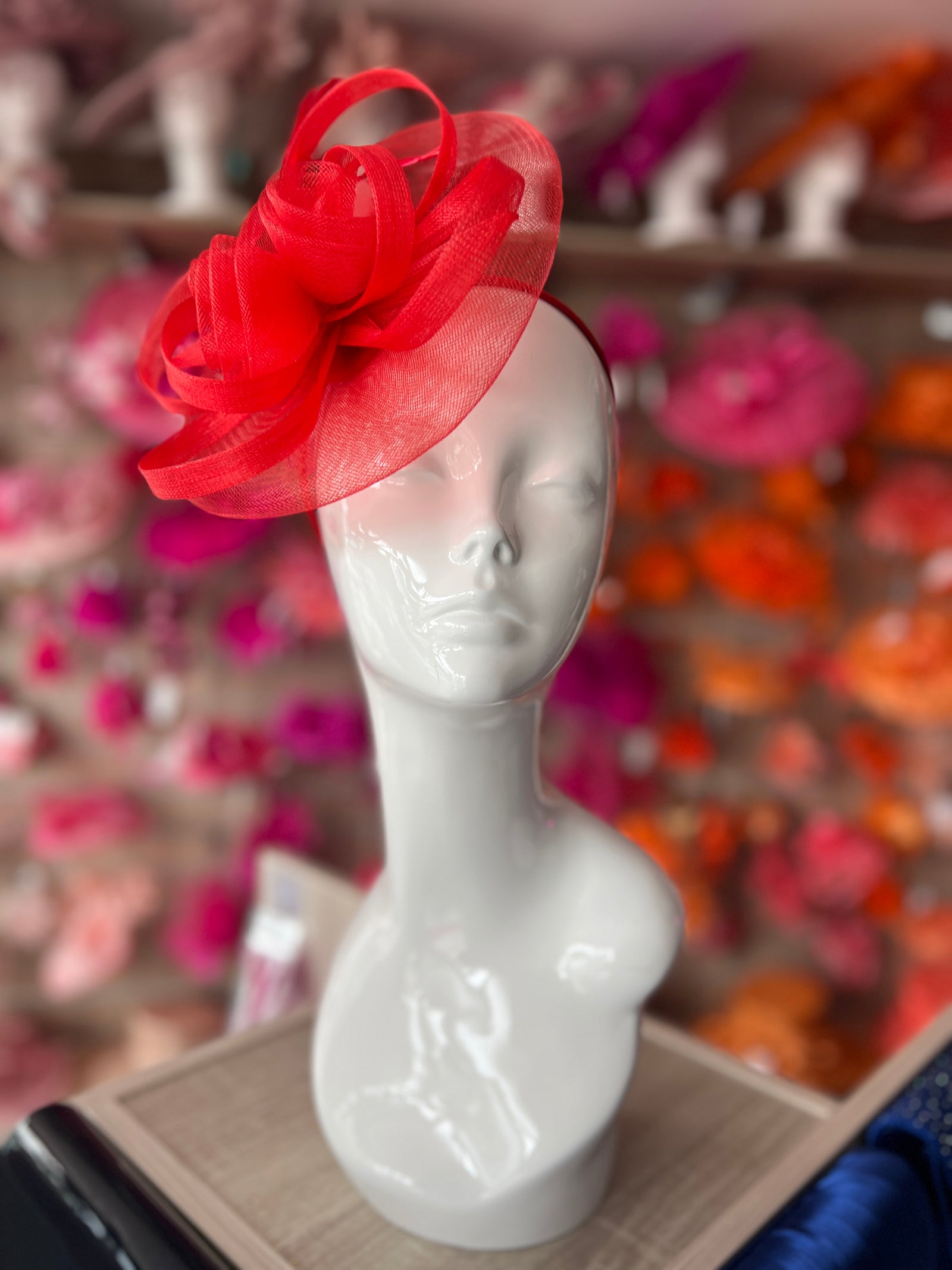 Red Crinoline Saucer Fascinator With Loops & Feathers