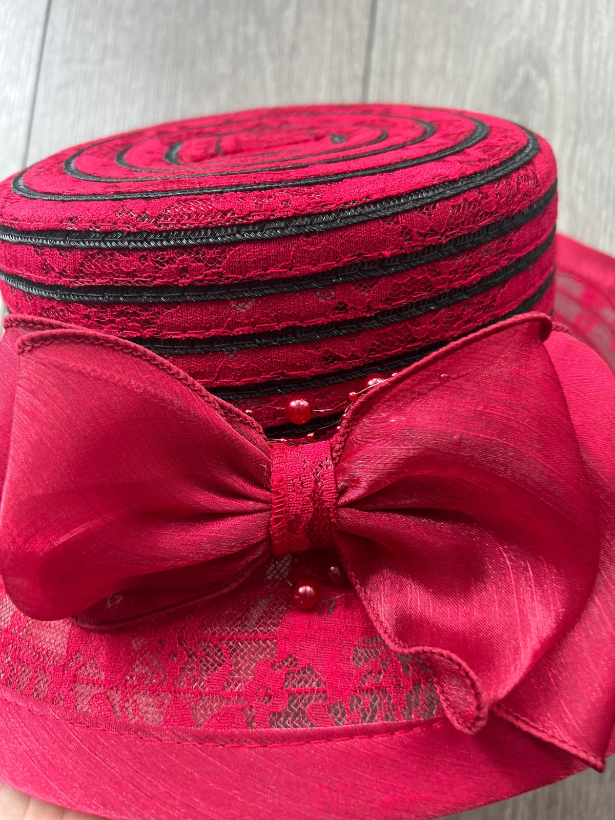 Dark Red Crinoline Hat With Chiffon Bow &amp; Beads
