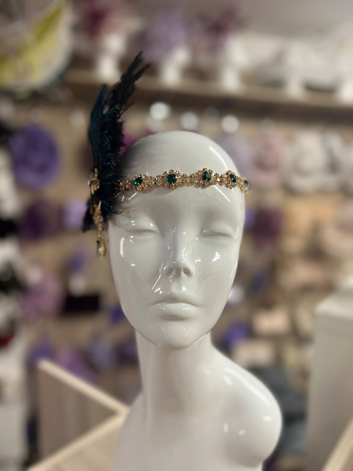 Vintage Jewelled Peacock Feather Fascinator Hat-Green