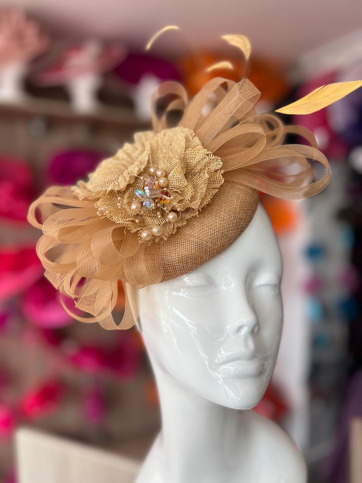 Pillbox Hat With Loops and  Embellished Flowers-Gold
