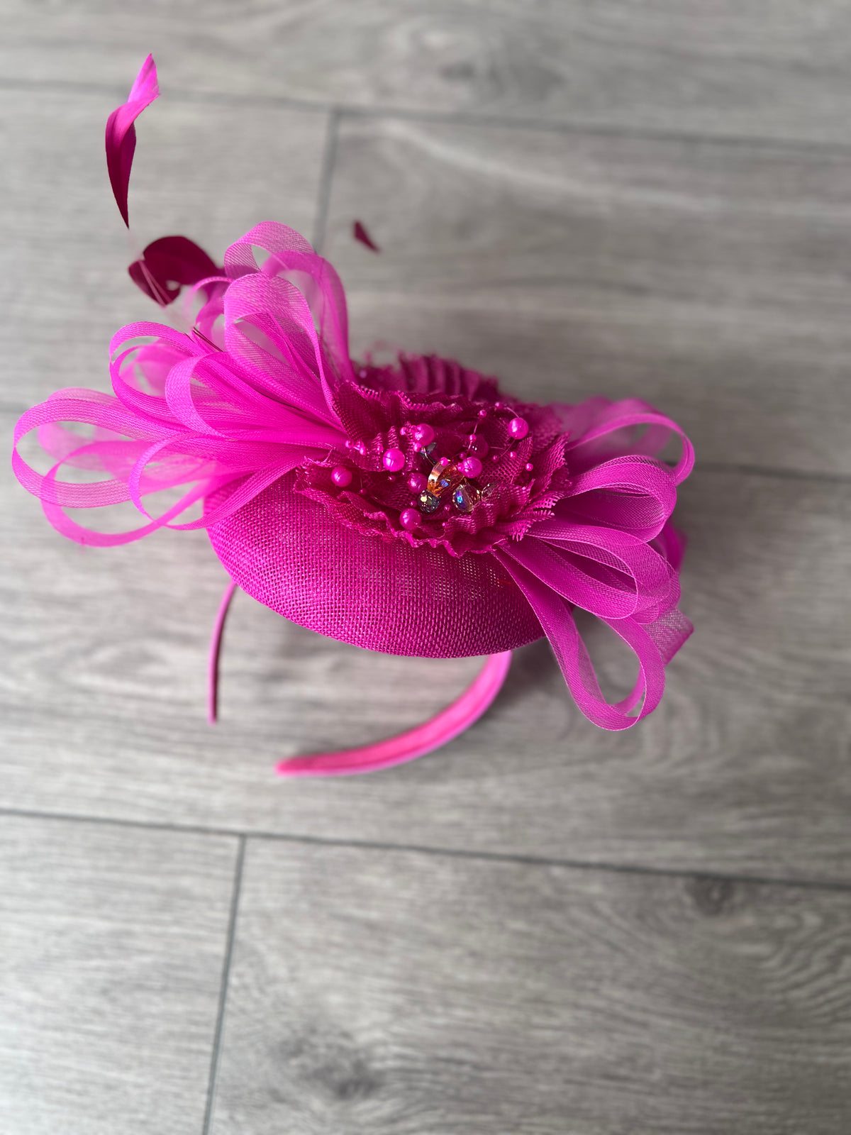 Pillbox Hat With Loops and  Embellished Flowers-Fuchsia