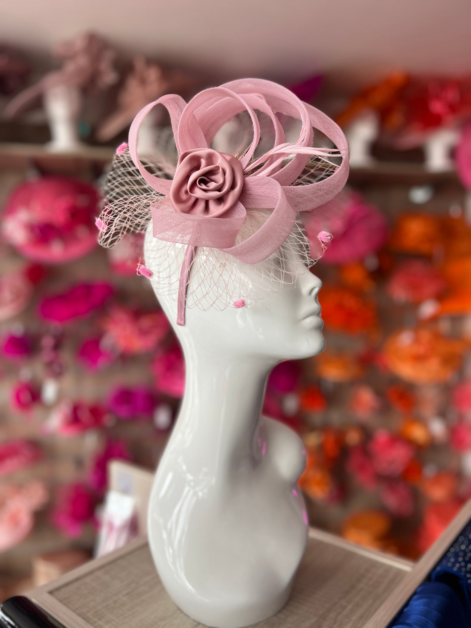 Dusky Pink Flower Fascinator With Netting & Feathers