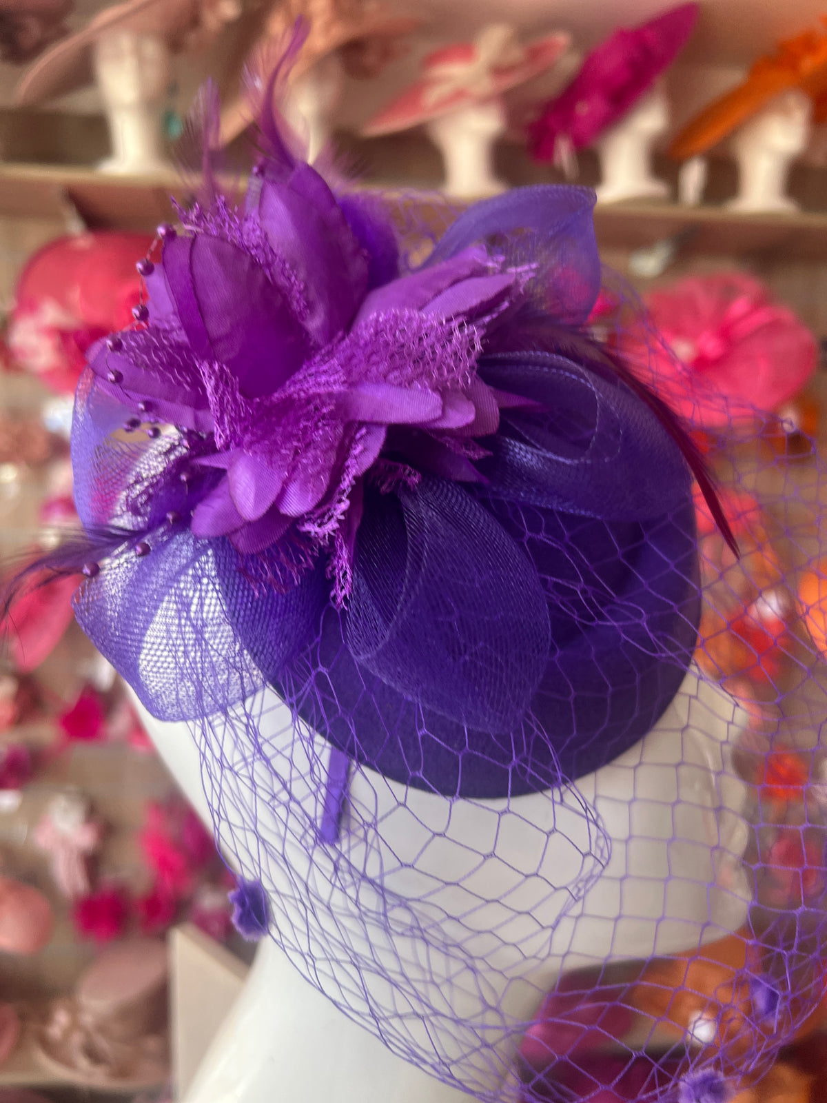 Purple PillBox Hat Fascinator With Flower &amp; Veil