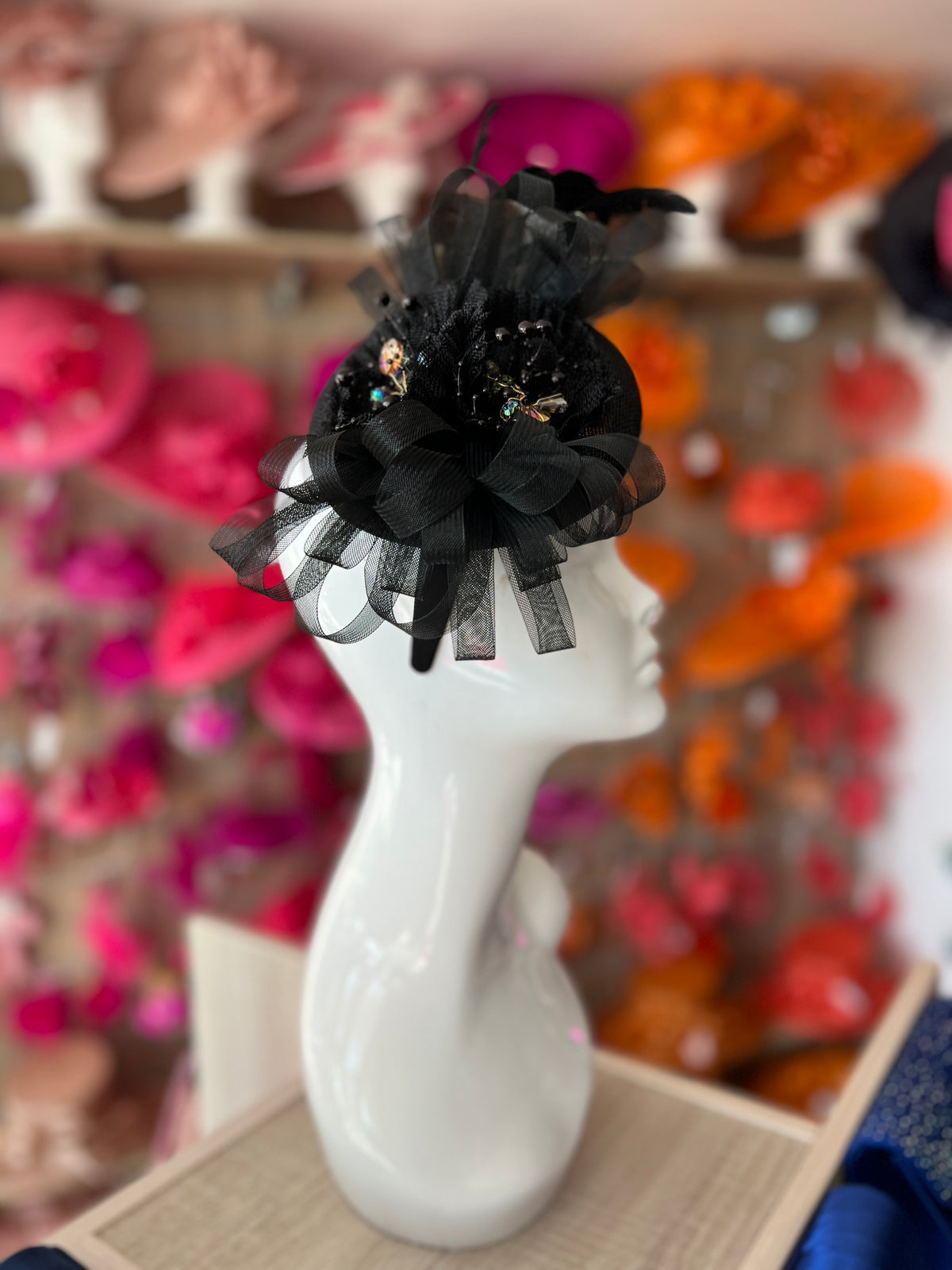Pillbox Hat With Loops and  Embellished Flowers- Black