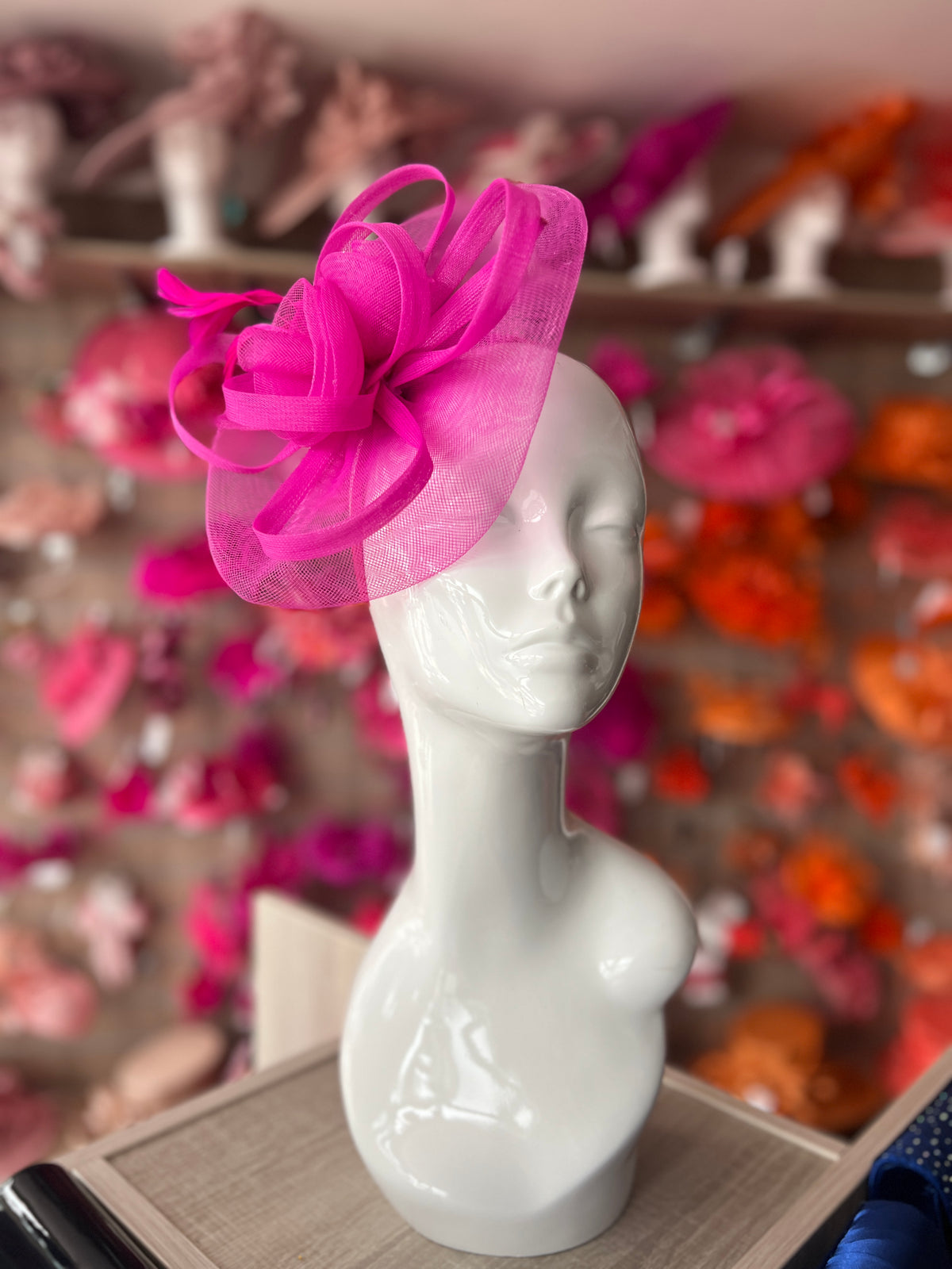Fuchsia Pink Crinoline Saucer Fascinator With Loops &amp; Feathers