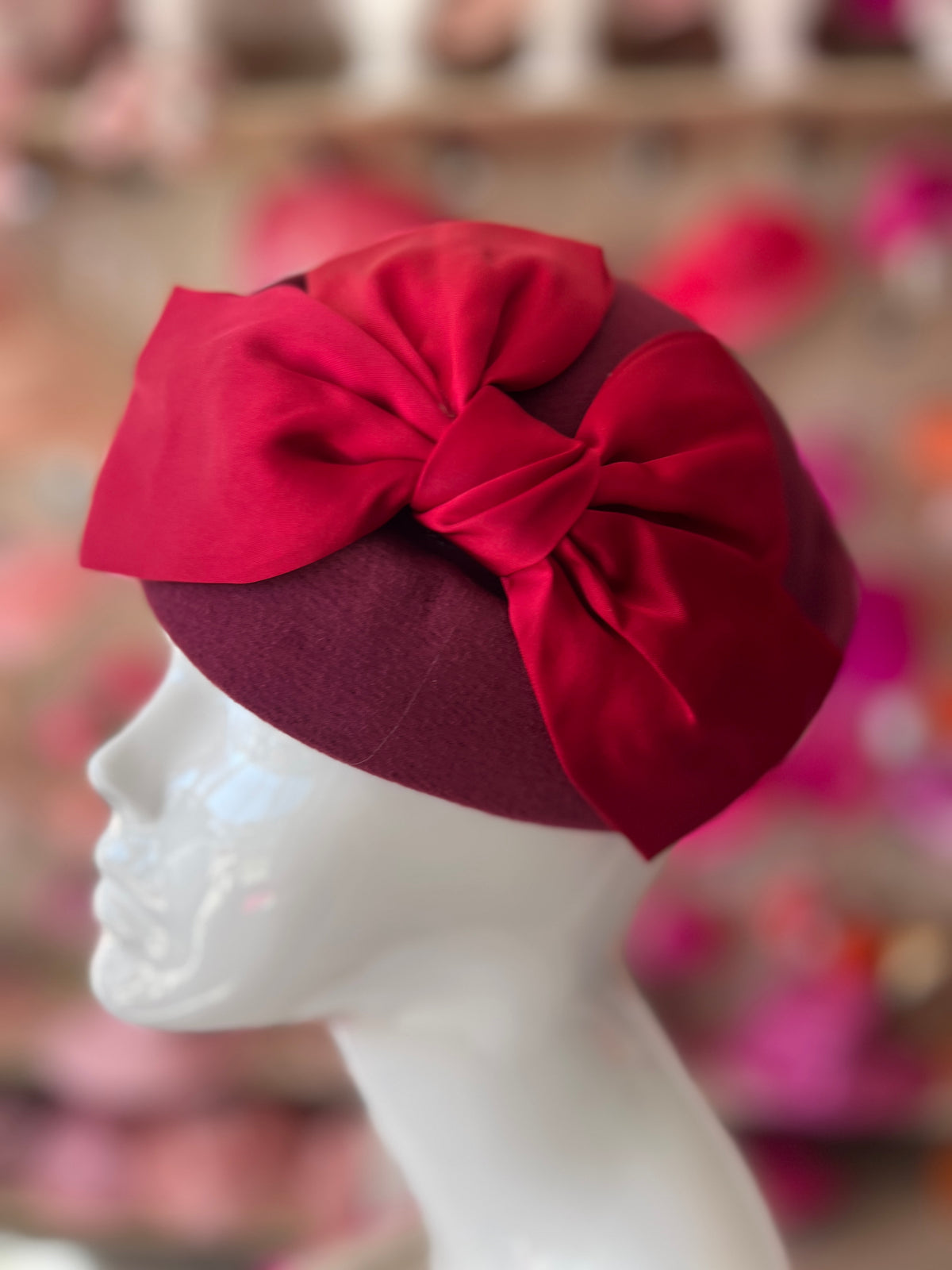 Vintage Burgundy Felt Pillbox Hat Fascinator With Satin Bow