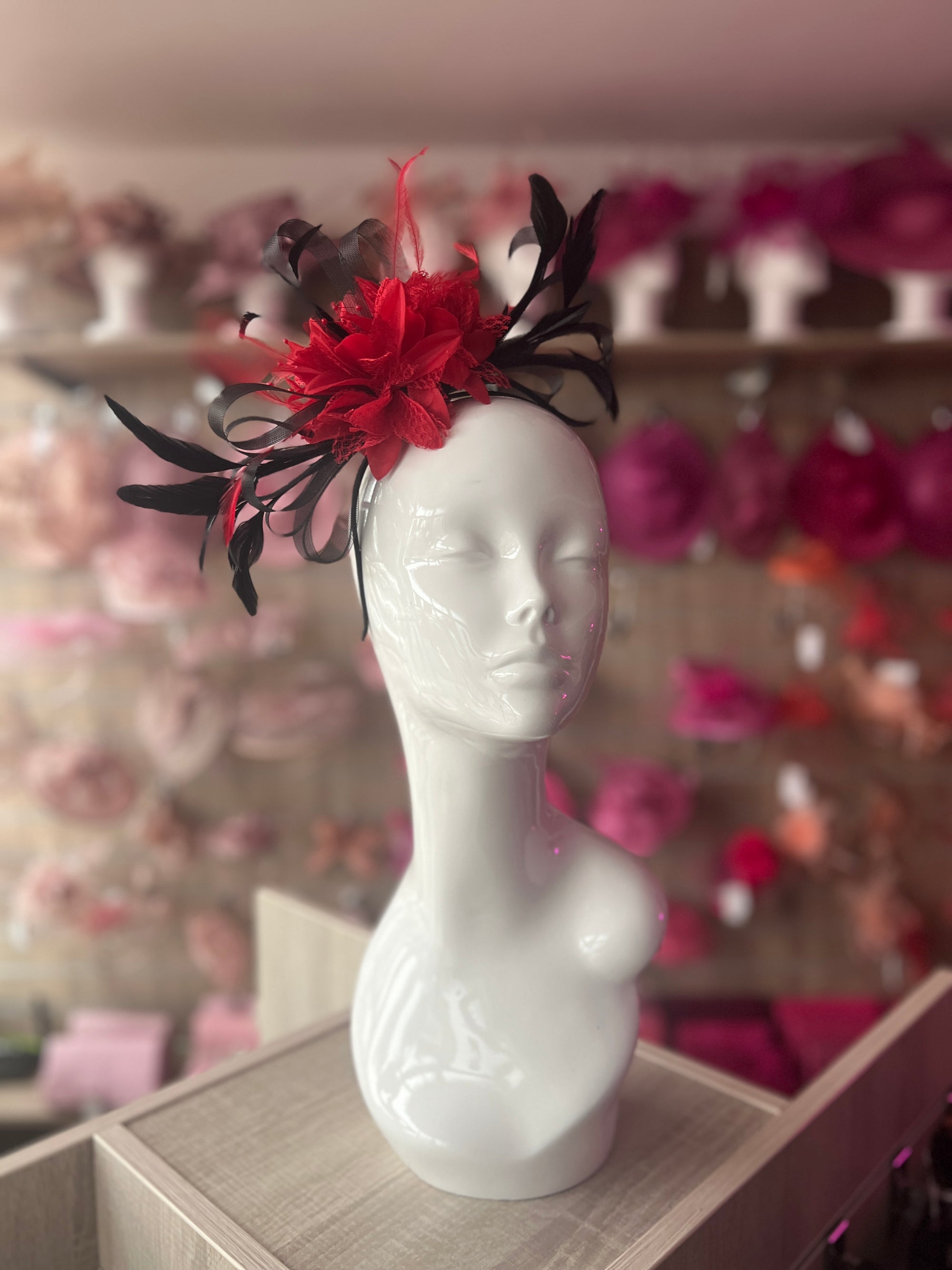 Headband Red & Black Fascinator With Flower & Loops