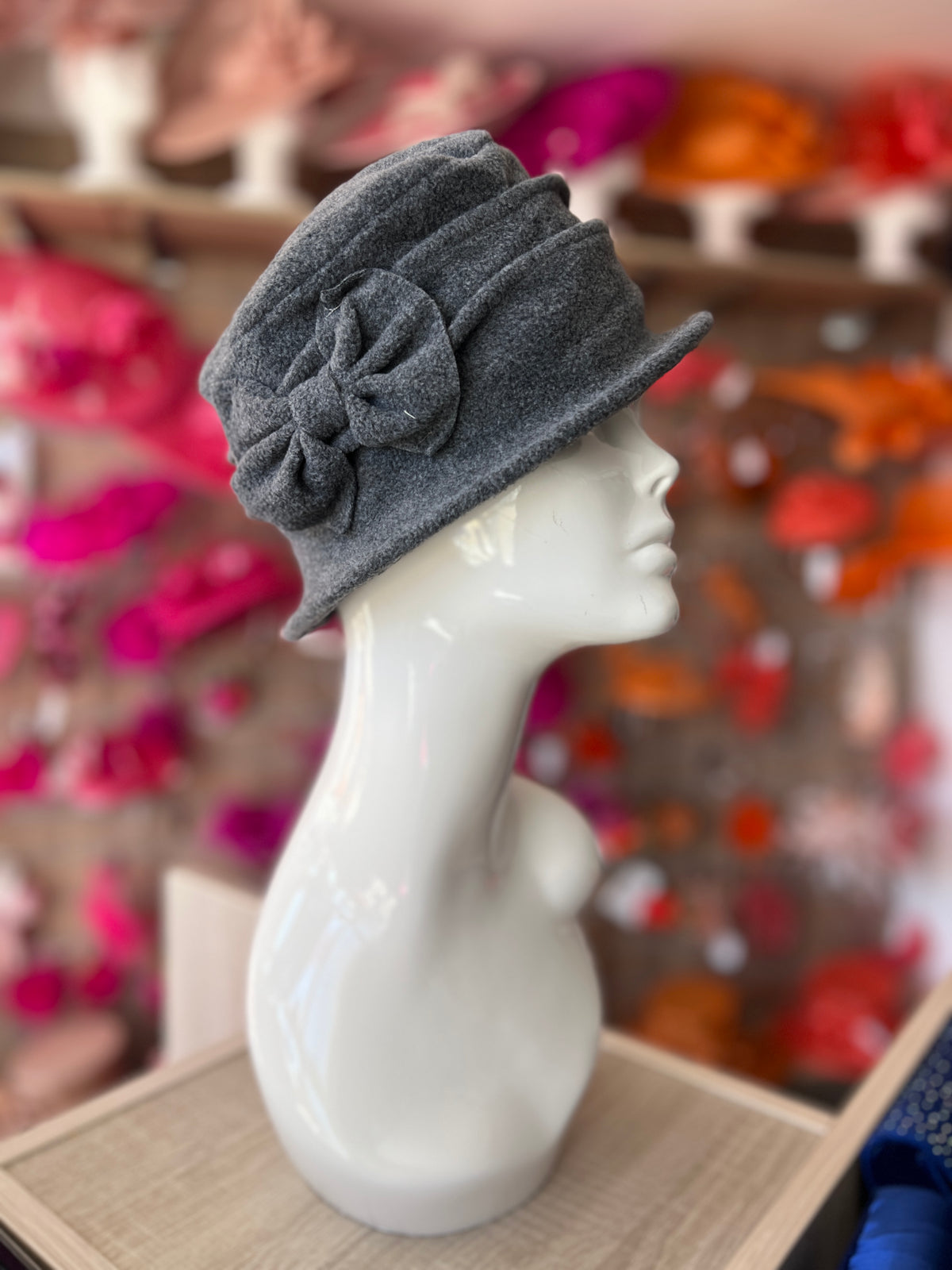Grey Winter Cloche Beanie Hat With Bow Detail