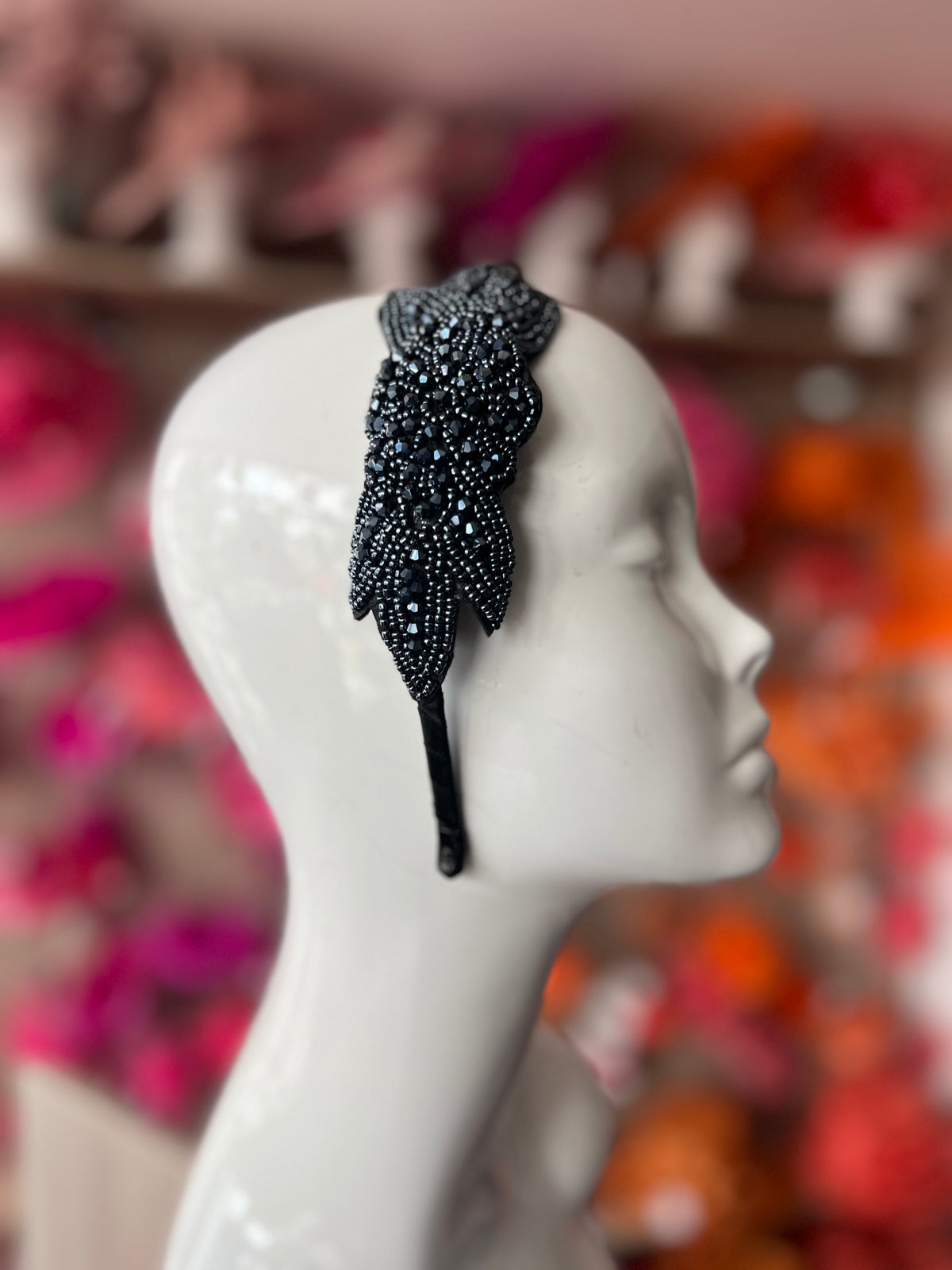 Vintage 1920's Gunmetal Grey Flower &amp; Leaf Beaded Headband