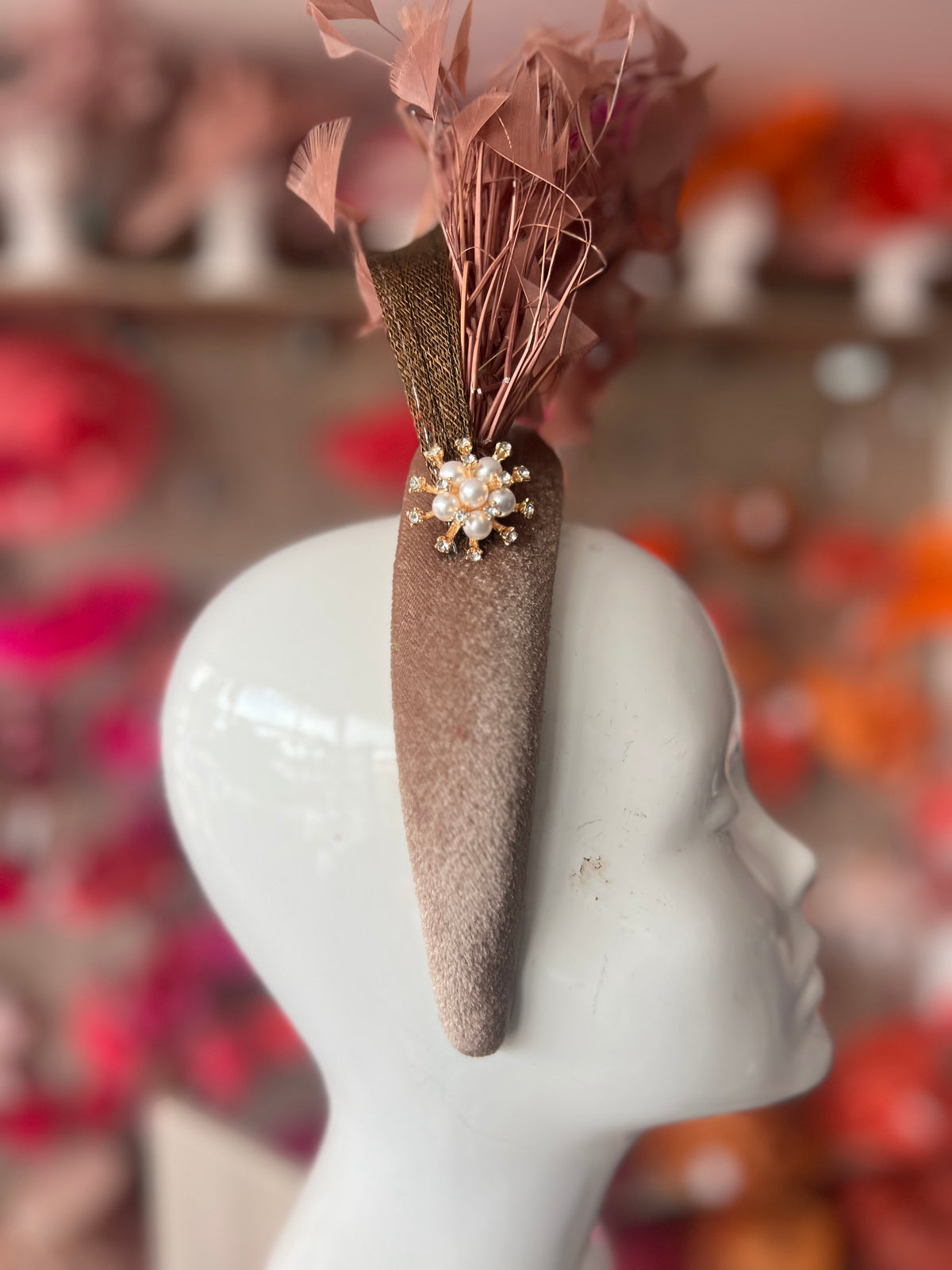 Brown Feather Velvet Padded Headband Fascinator With Diamante &amp; Pearl Cluster