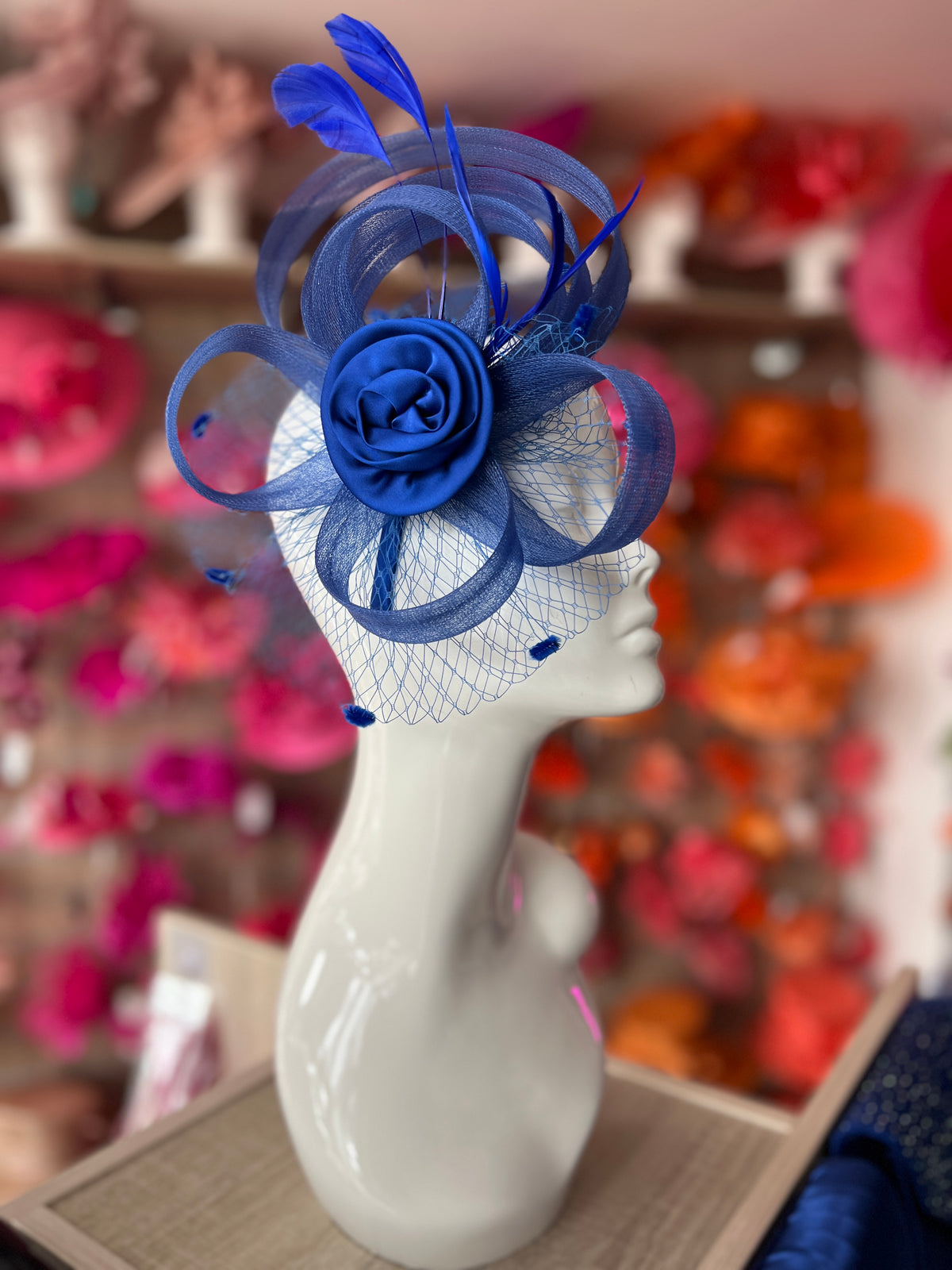 Cobalt Blue Flower Fascinator With Netting &amp; Feathers