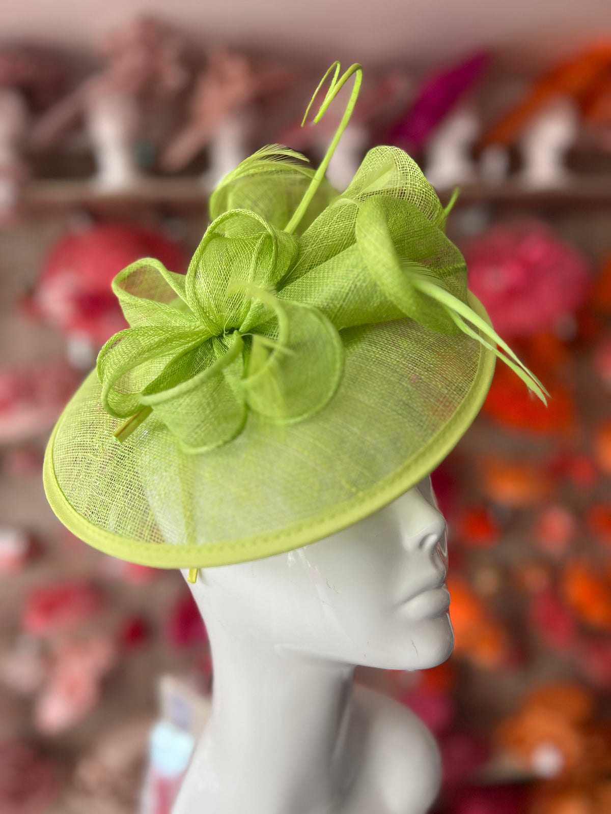 Liime Sinamay Petunia Flower Fascinator With A Saucer Base