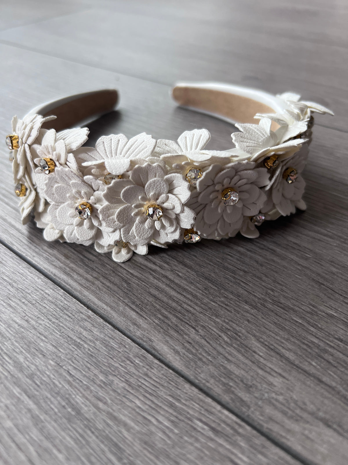 White Headband With Faux Leather Lazer Cut Flowers &amp; Crystals