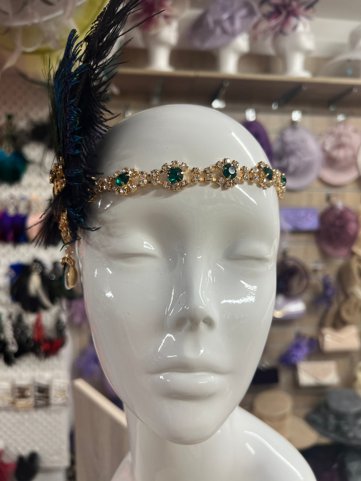 Vintage Jewelled Peacock Feather Fascinator Hat-Green