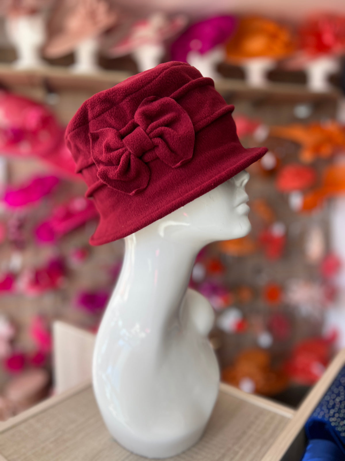 Burgundy Winter Cloche Beanie Hat With Bow Detail