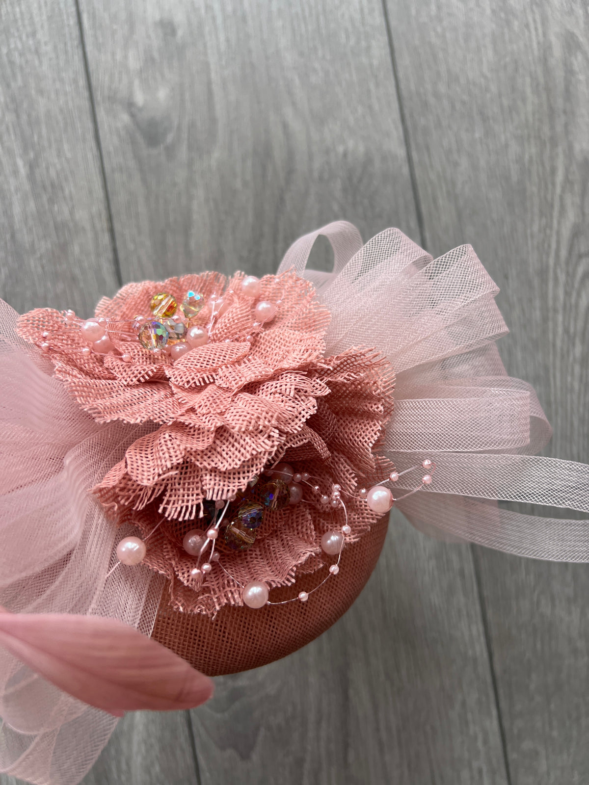 Pillbox Hat With Loops and  Embellished Flowers-Dusty Pink