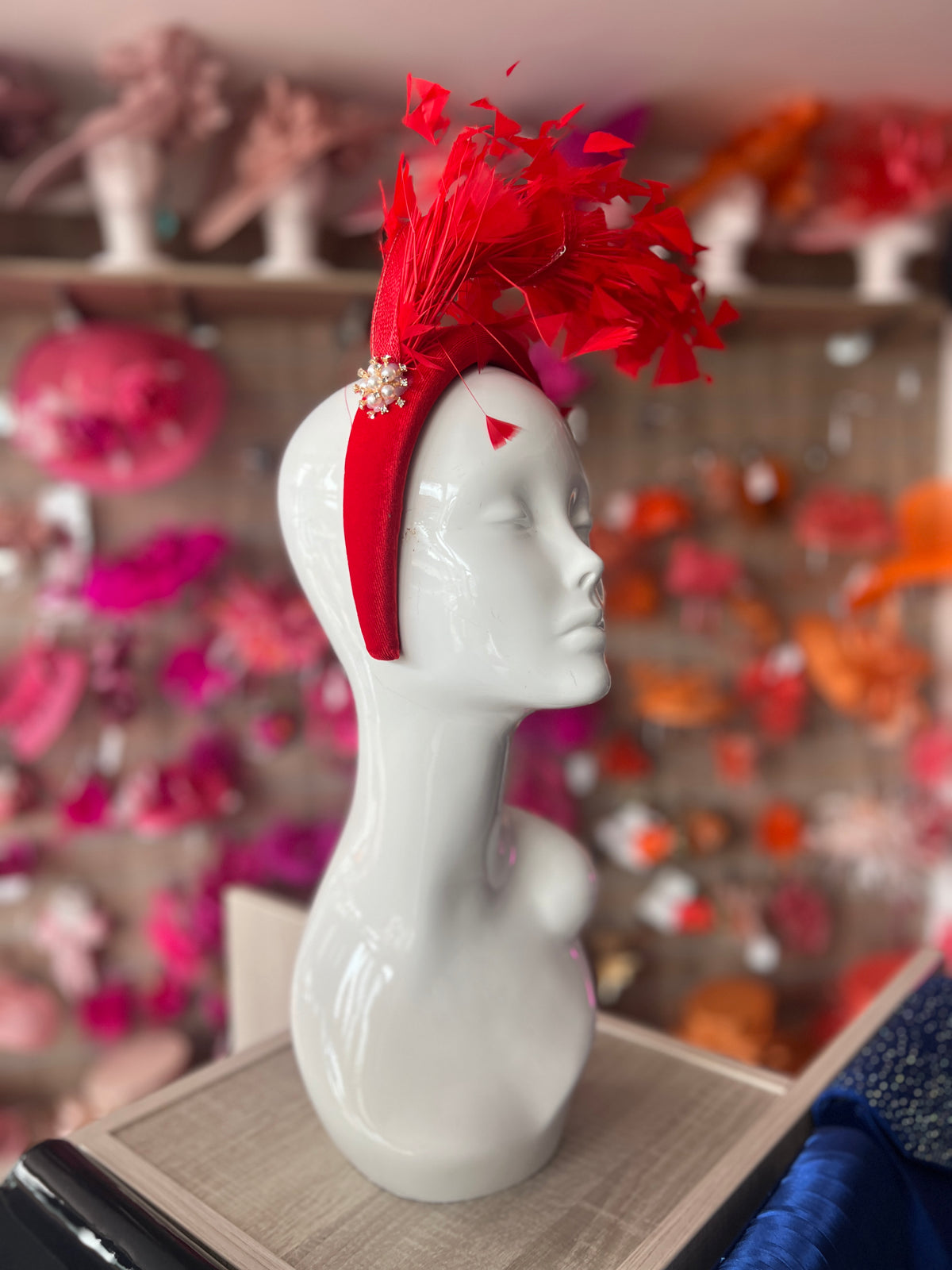 Red Feather Velvet Padded Headband Fascinator With Diamante &amp; Pearl Cluster