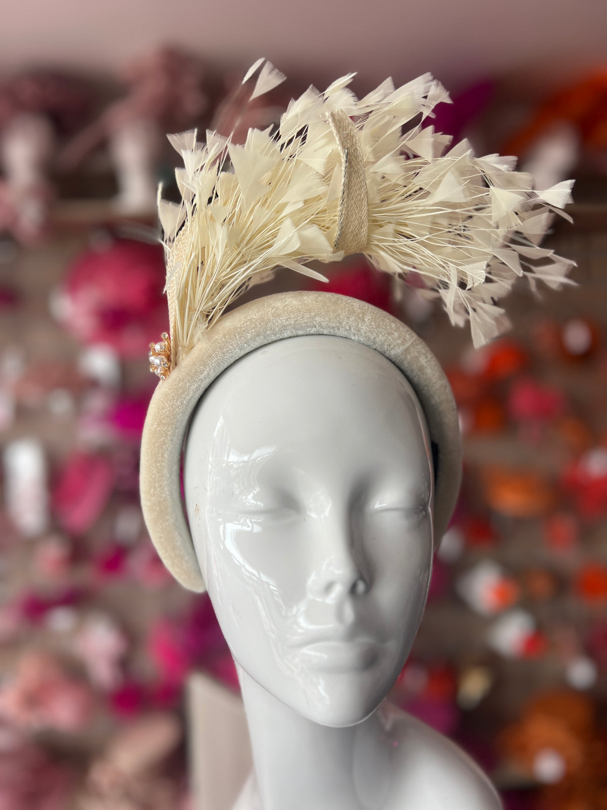 Cream Feather Velvet Padded Headband Fascinator With Diamante &amp; Pearl Cluster