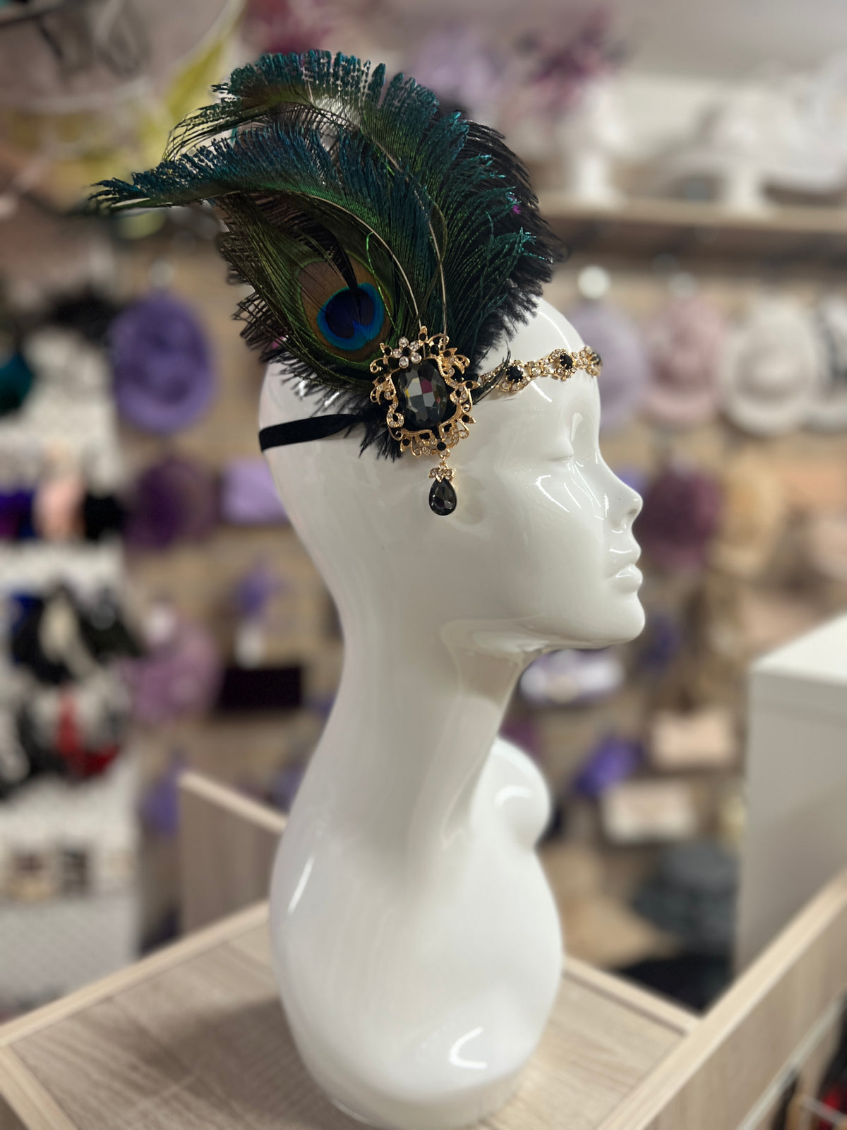 Vintage Jewelled Peacock Feather Fascinator Hat-Green