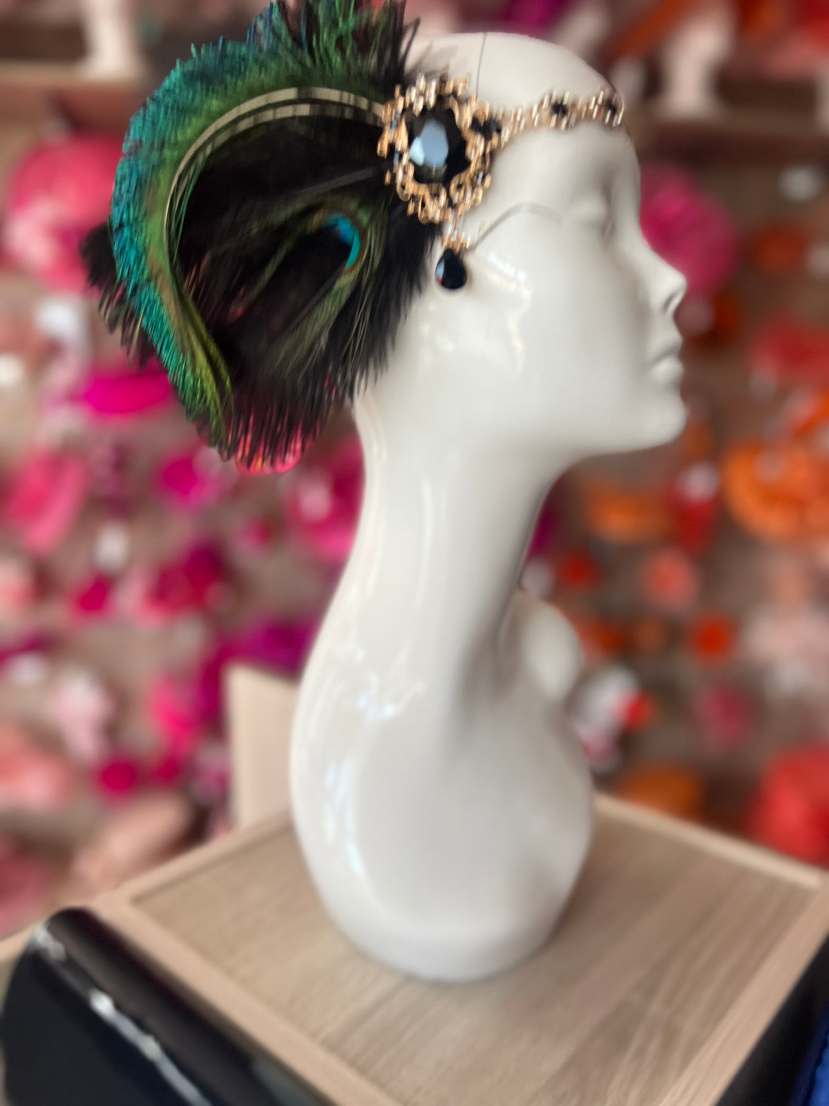 Vintage Jewelled Peacock Feather Fascinator Hat-Black