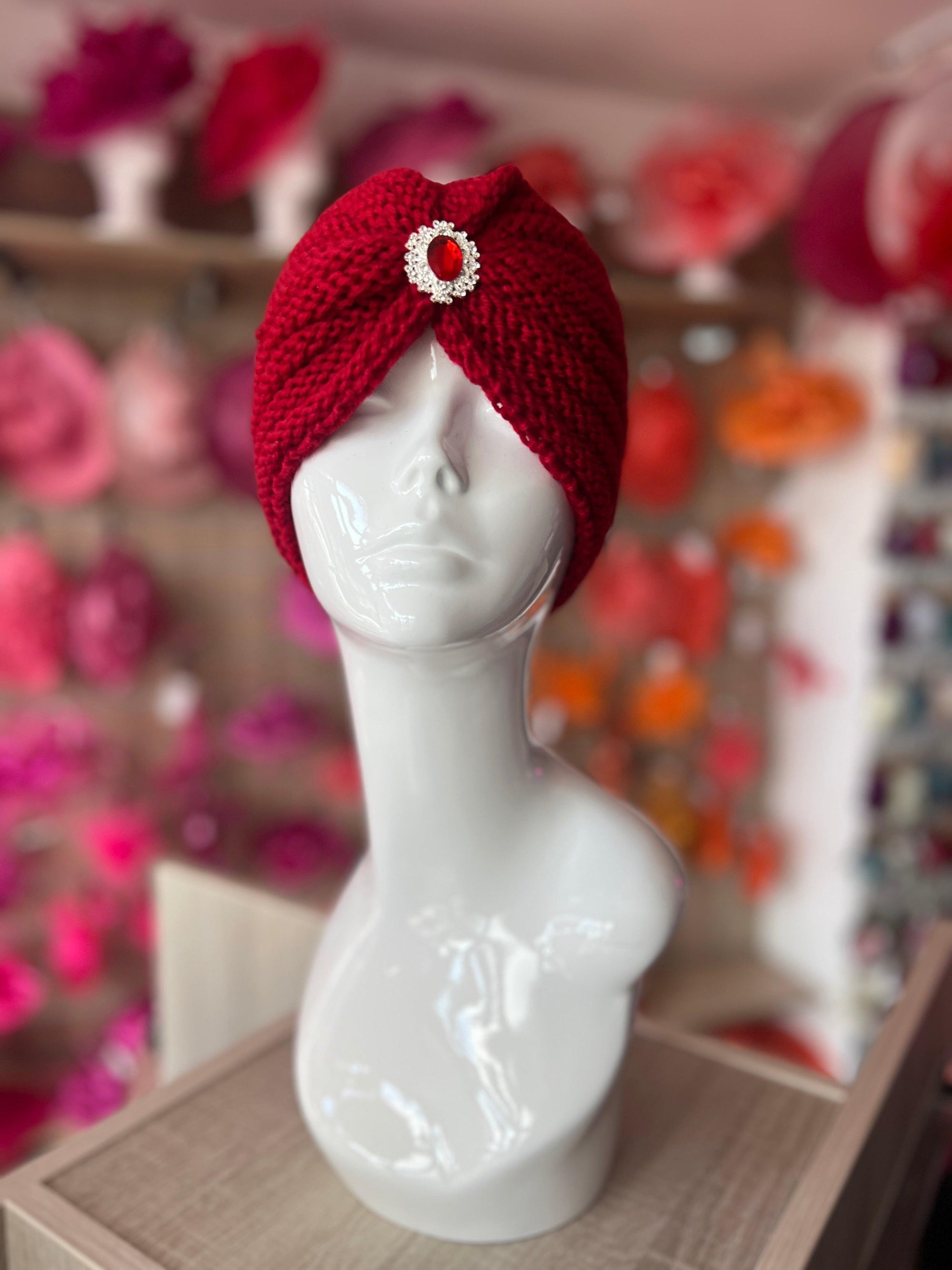 Red Winter Turban Hat With Embellishment