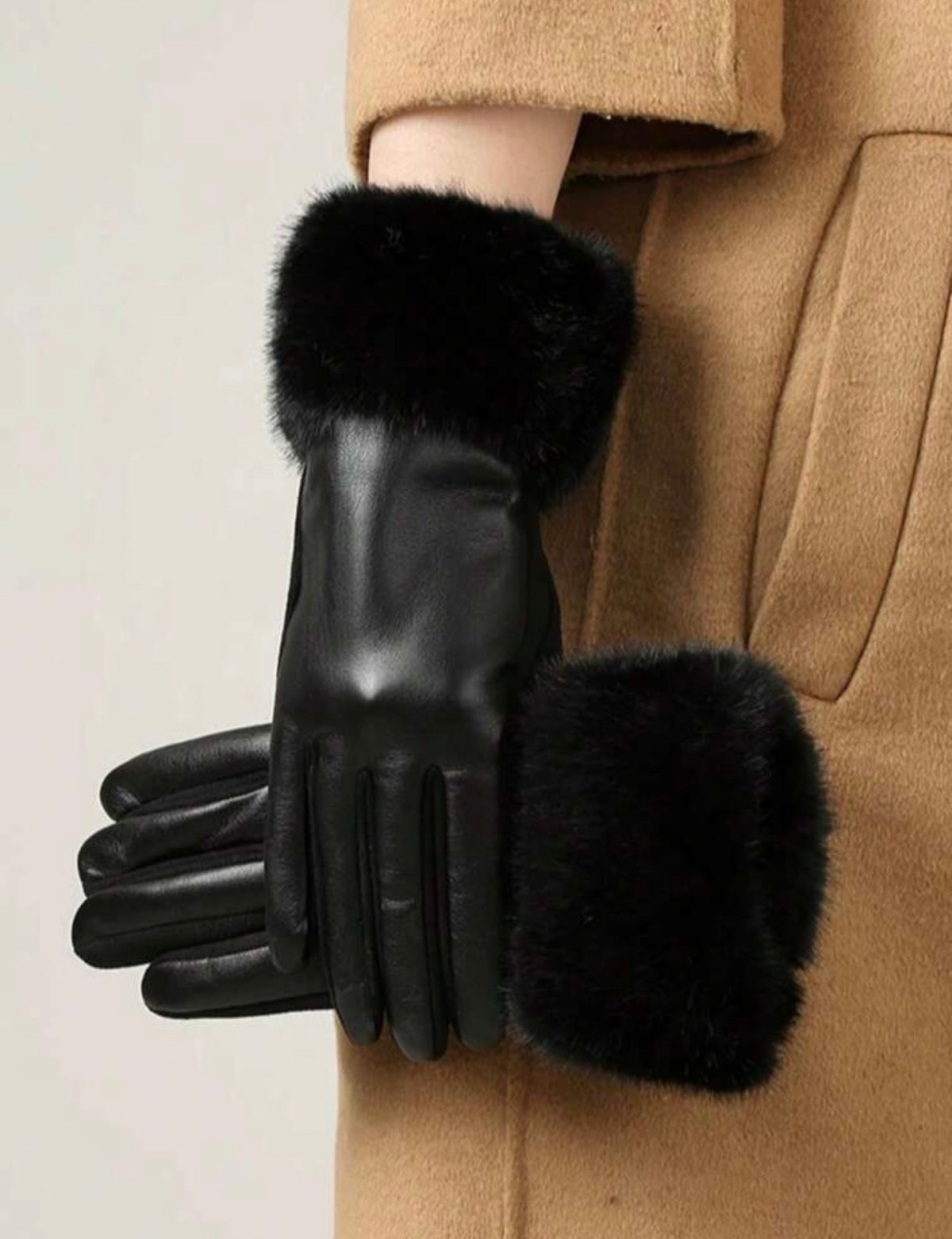 Black Faux Leather Gloves With Fur Trim