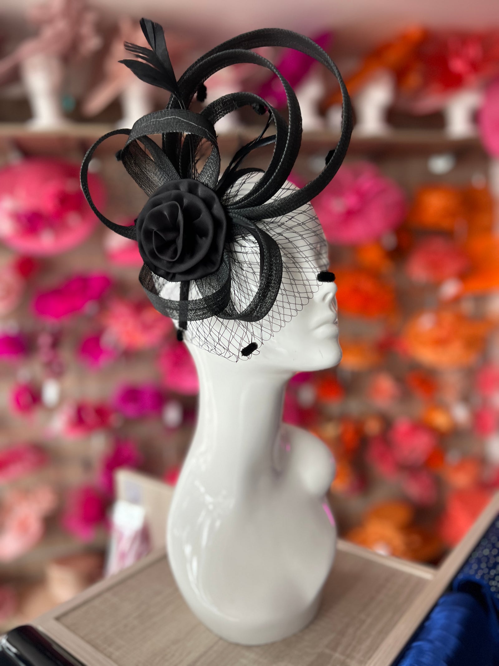 Black Flower Fascinator With Netting & Feathers