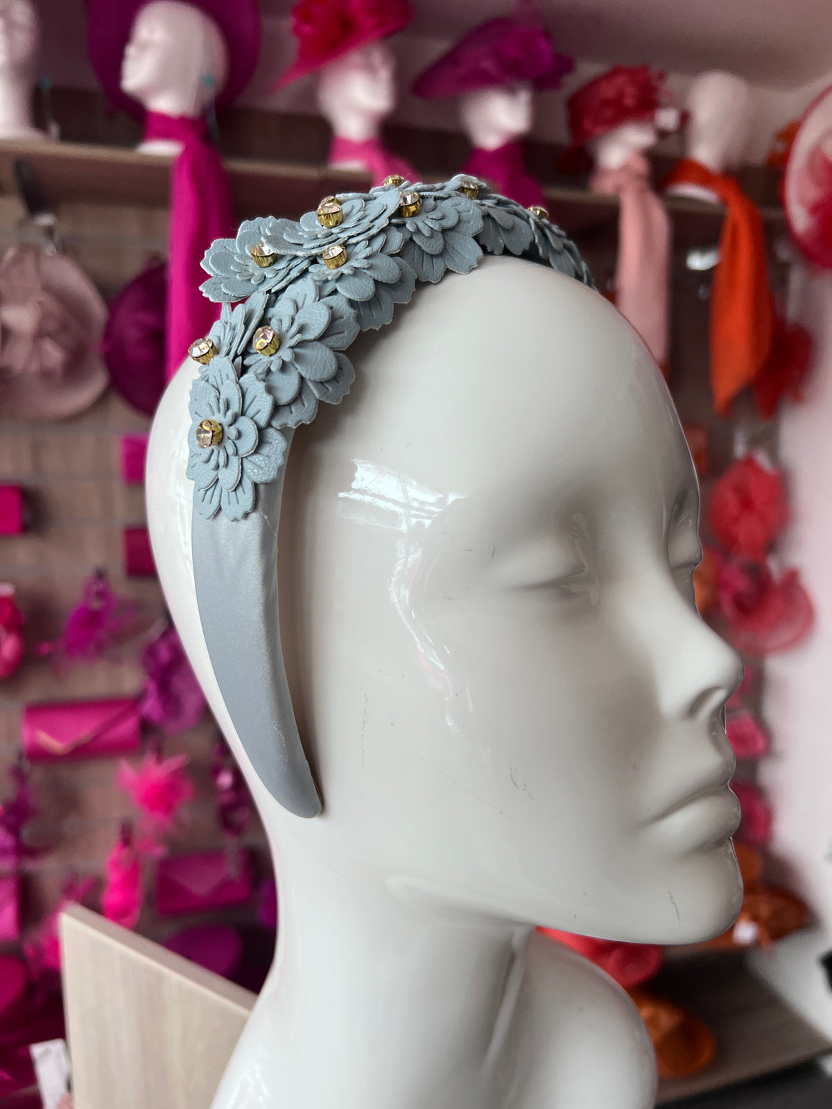 Cornflower Blue Headband With Faux Leather Lazer Cut Flowers &amp; Crystals