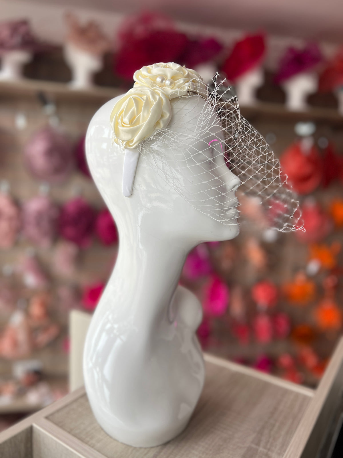 Bridal Wedding Headband With Cream Roses/Pearls &amp; Veil