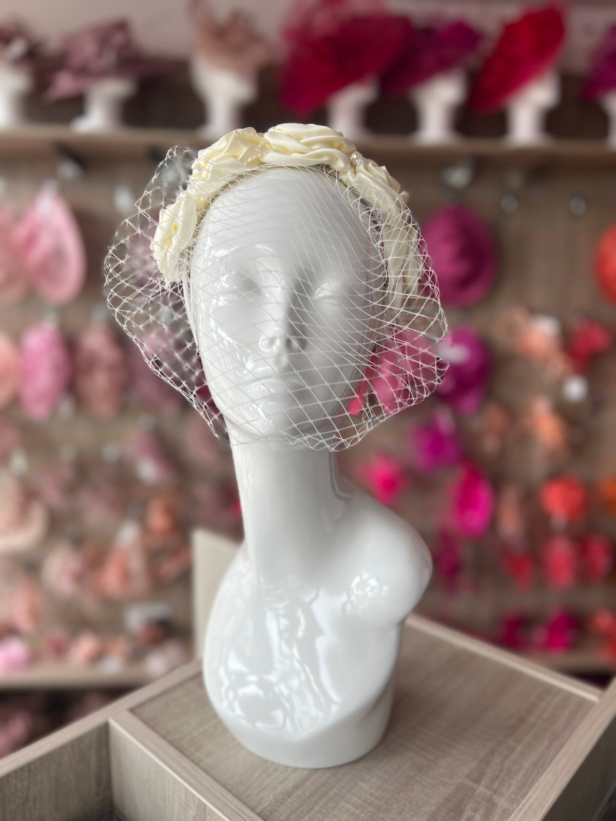 Bridal Wedding Headband With Cream Roses/Pearls &amp; Veil