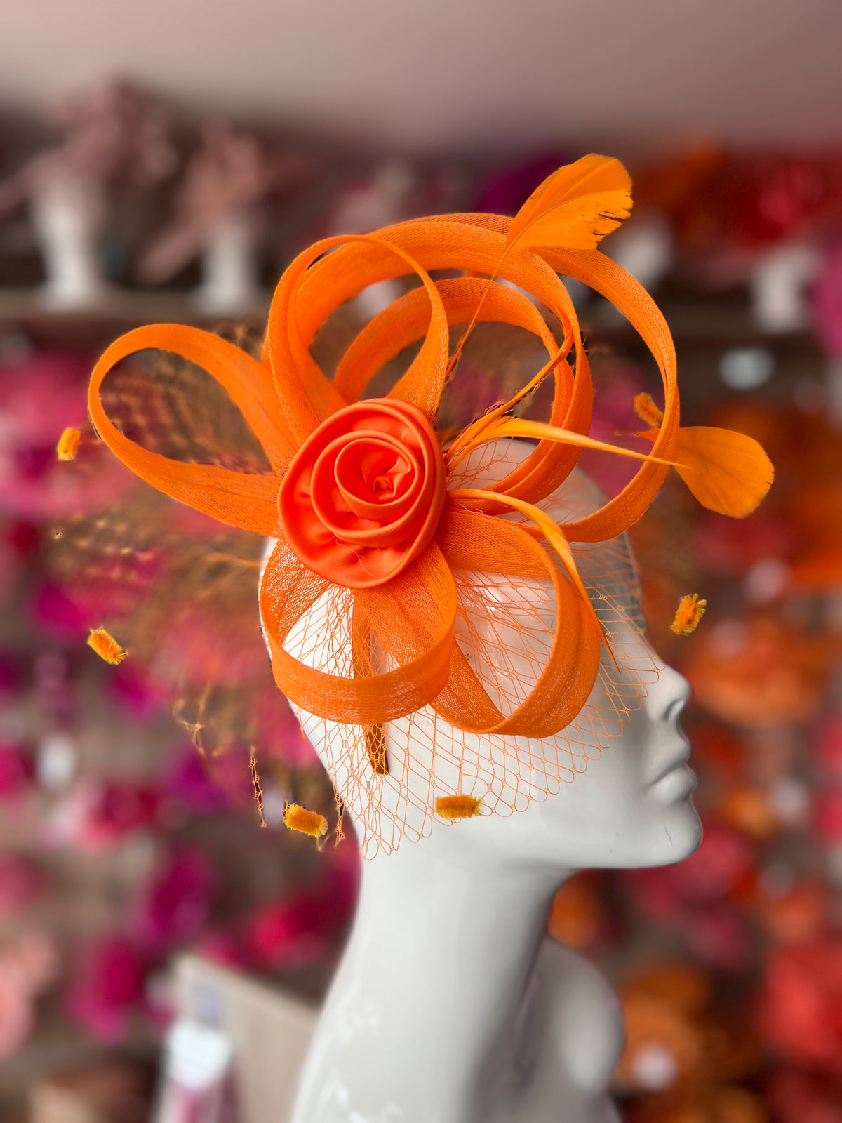 Orange Flower Fascinator With Netting &amp; Feathers