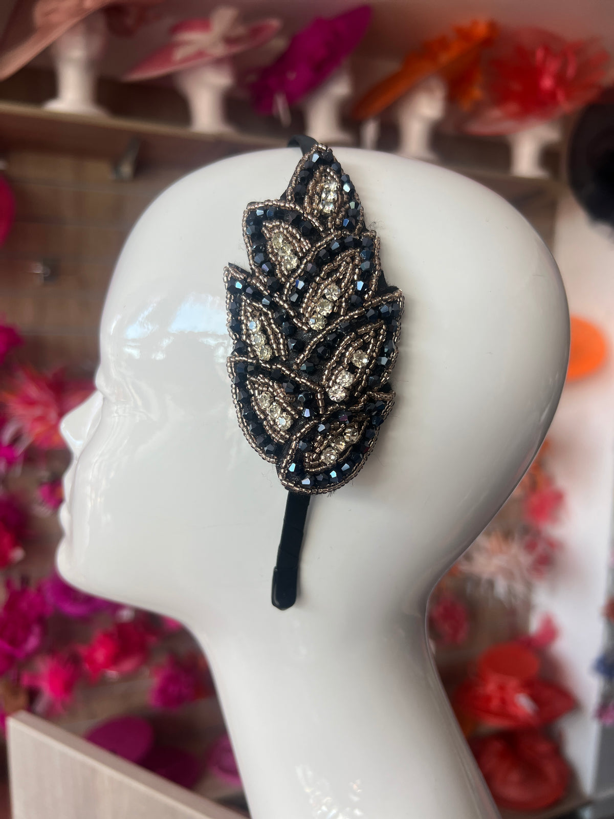 Vintage 1920's Black &amp; Gold Leaf Beaded Headband