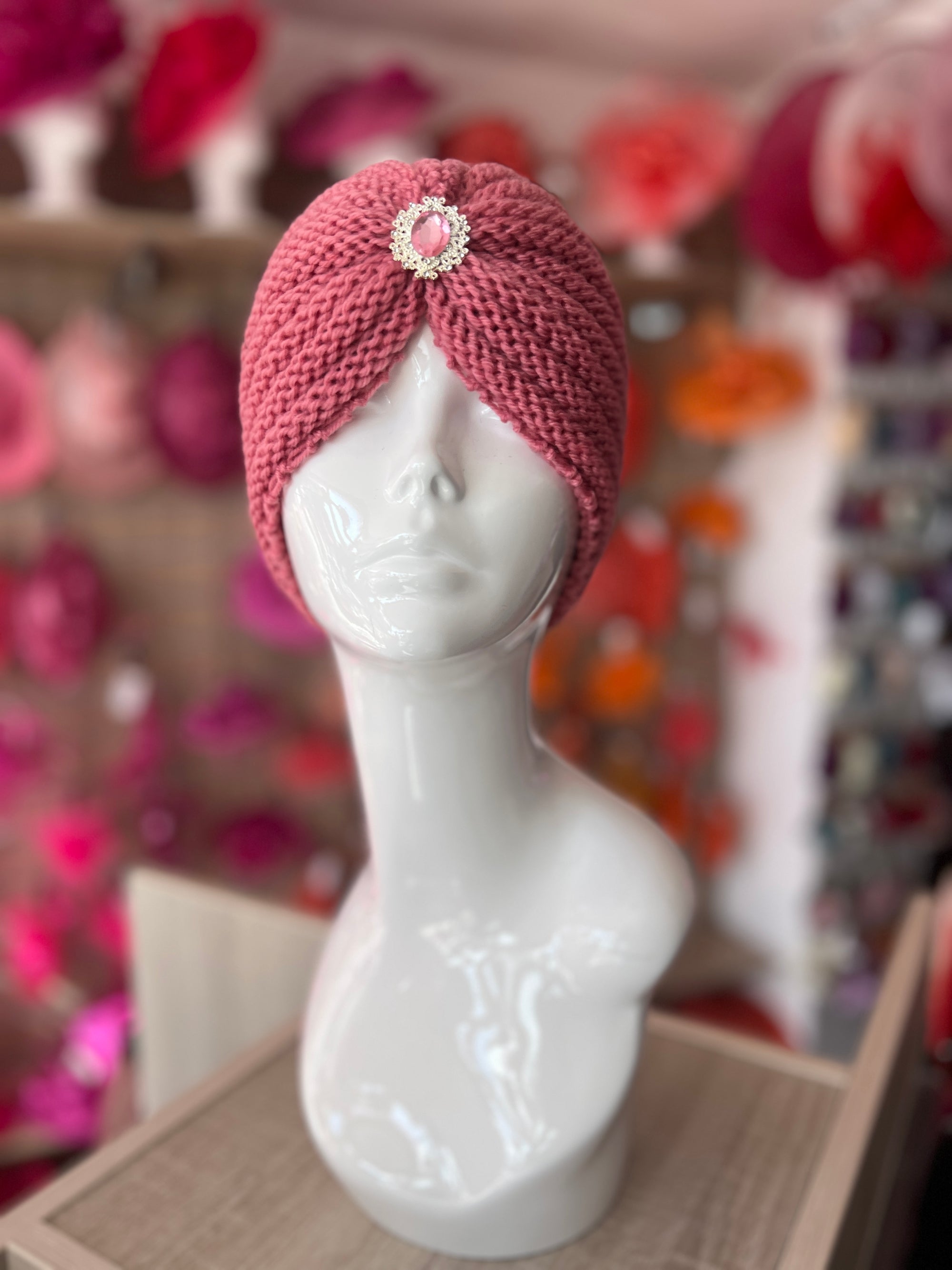 Pink Winter Turban Hat With Embellishment