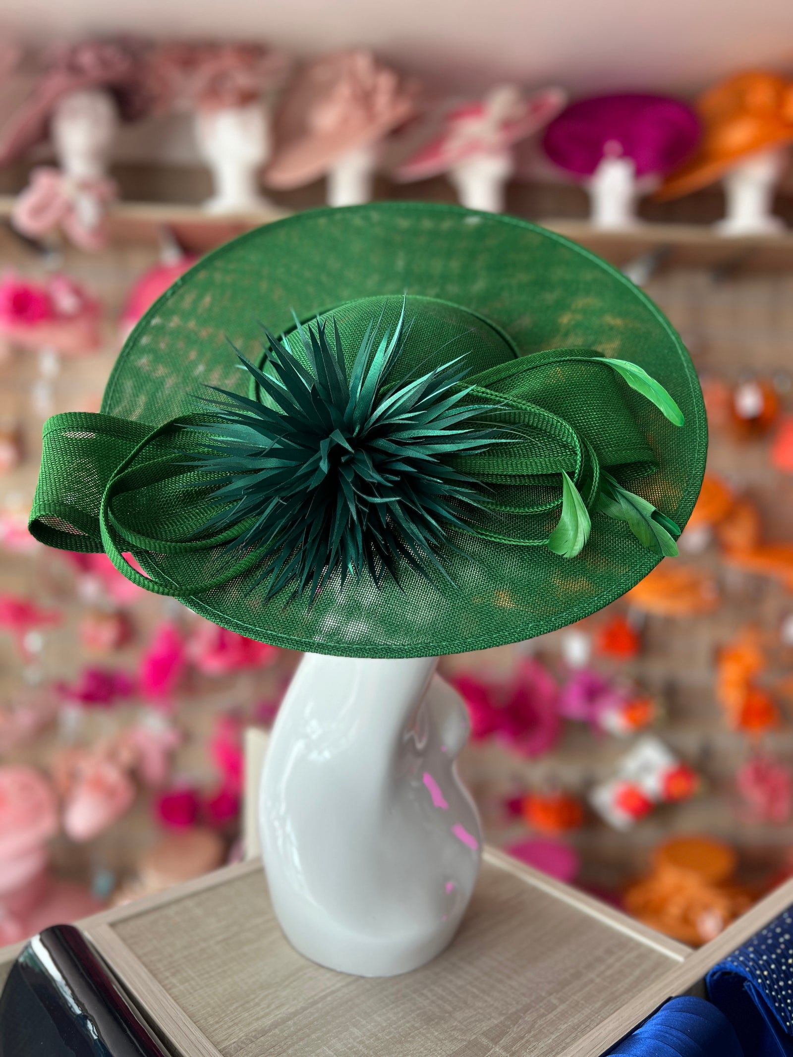 Emerald Green Saucer Hatinator With Feather Flower & Loops