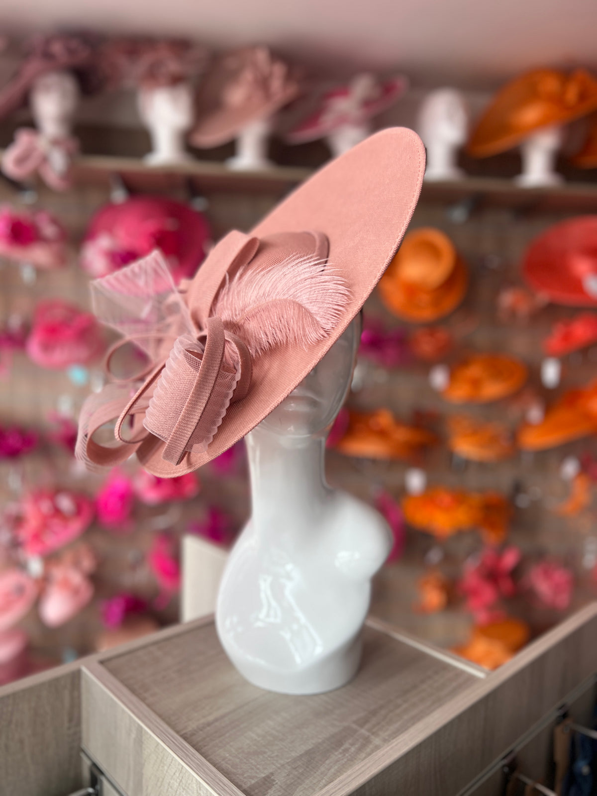 Dusky Pink Saucer Hatinator With Feather &amp; Loops
