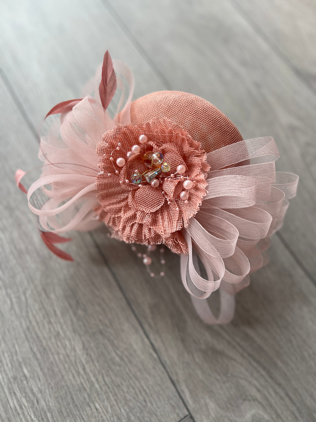 Pillbox Hat With Loops and  Embellished Flowers-Dusty Pink
