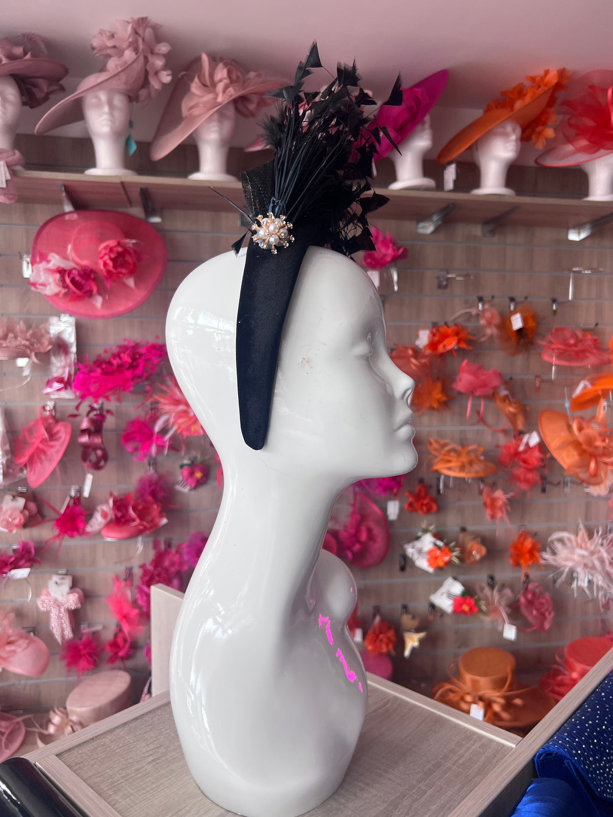 Black Feather Velvet Padded Headband Fascinator With Diamante &amp; Pearl Cluster